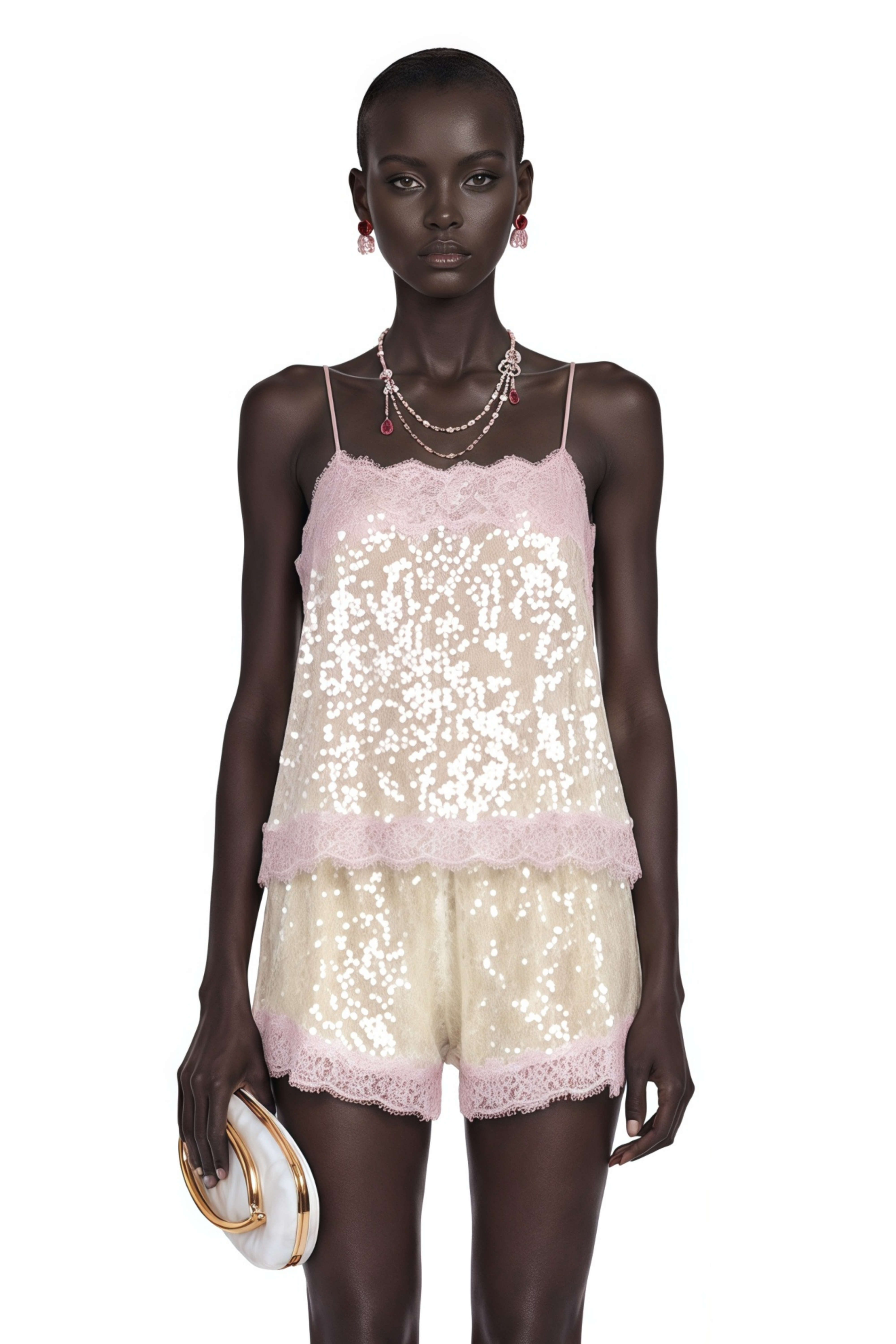 Fiona Neutral Sequin Top & Shorts Set with Lace Trim