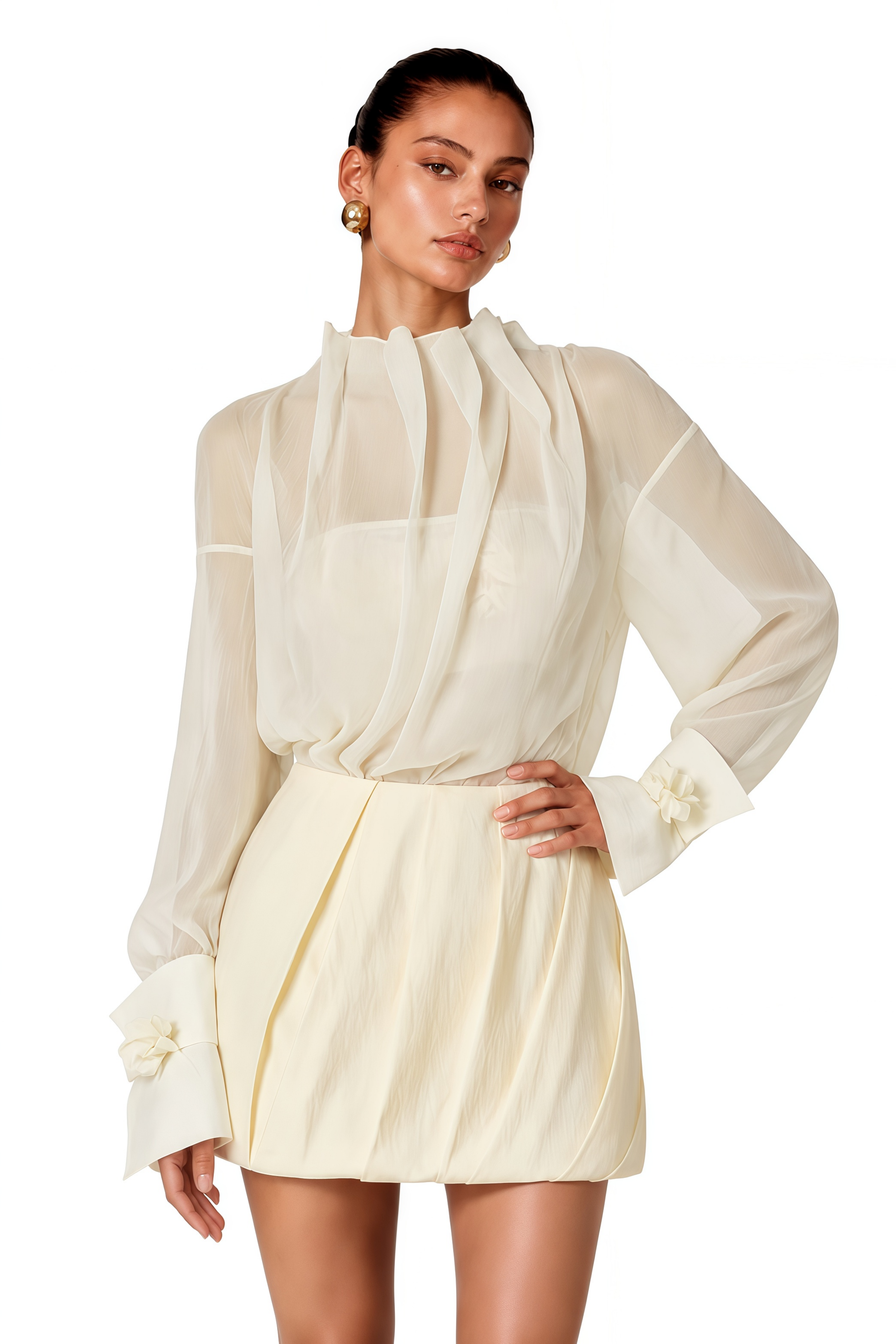 Fioralise Neutral High Neck Ruched Blouse & Skirt Set