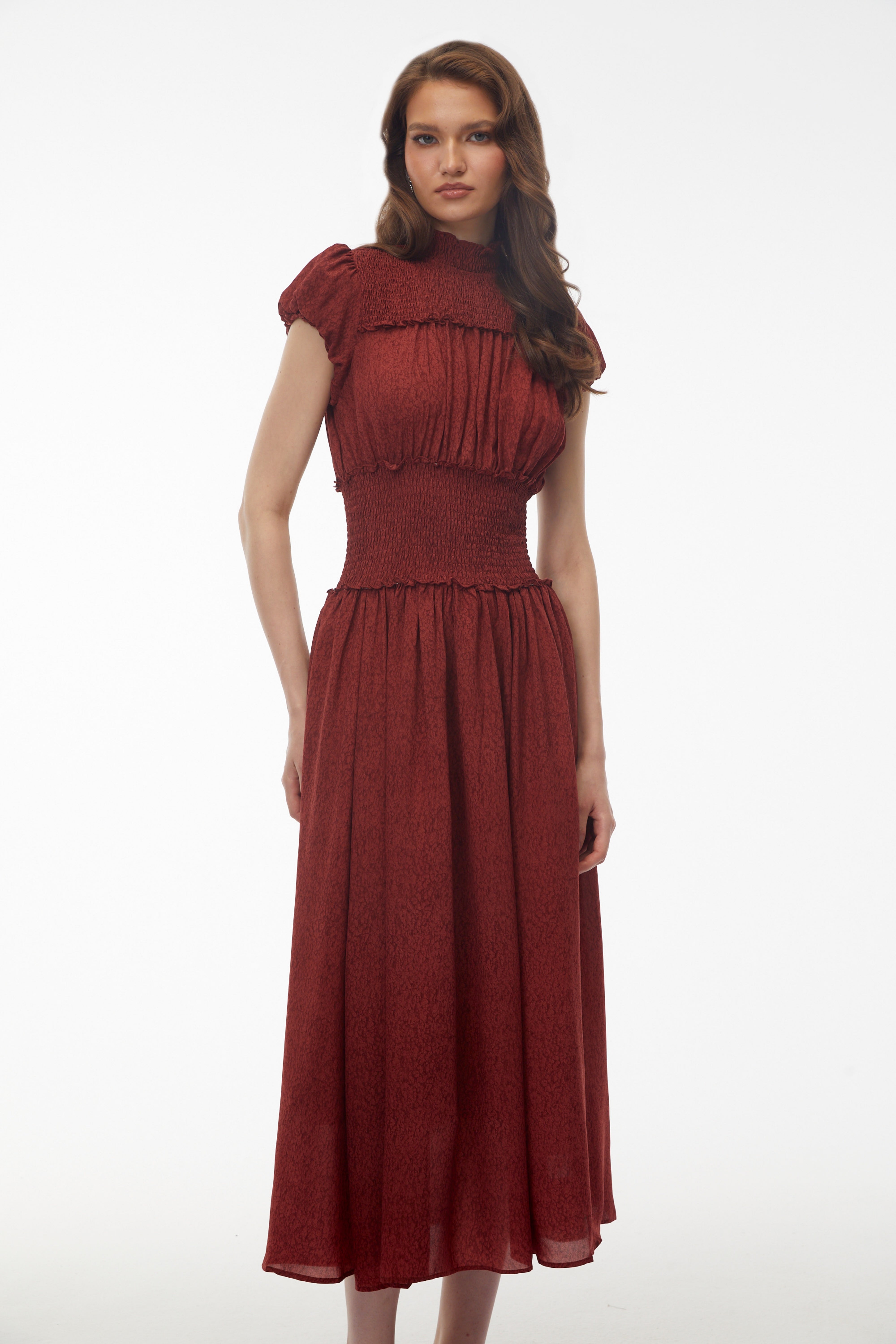 Fiorella Deep Red High Neck Pleated Midi Dress (Final Sale)
