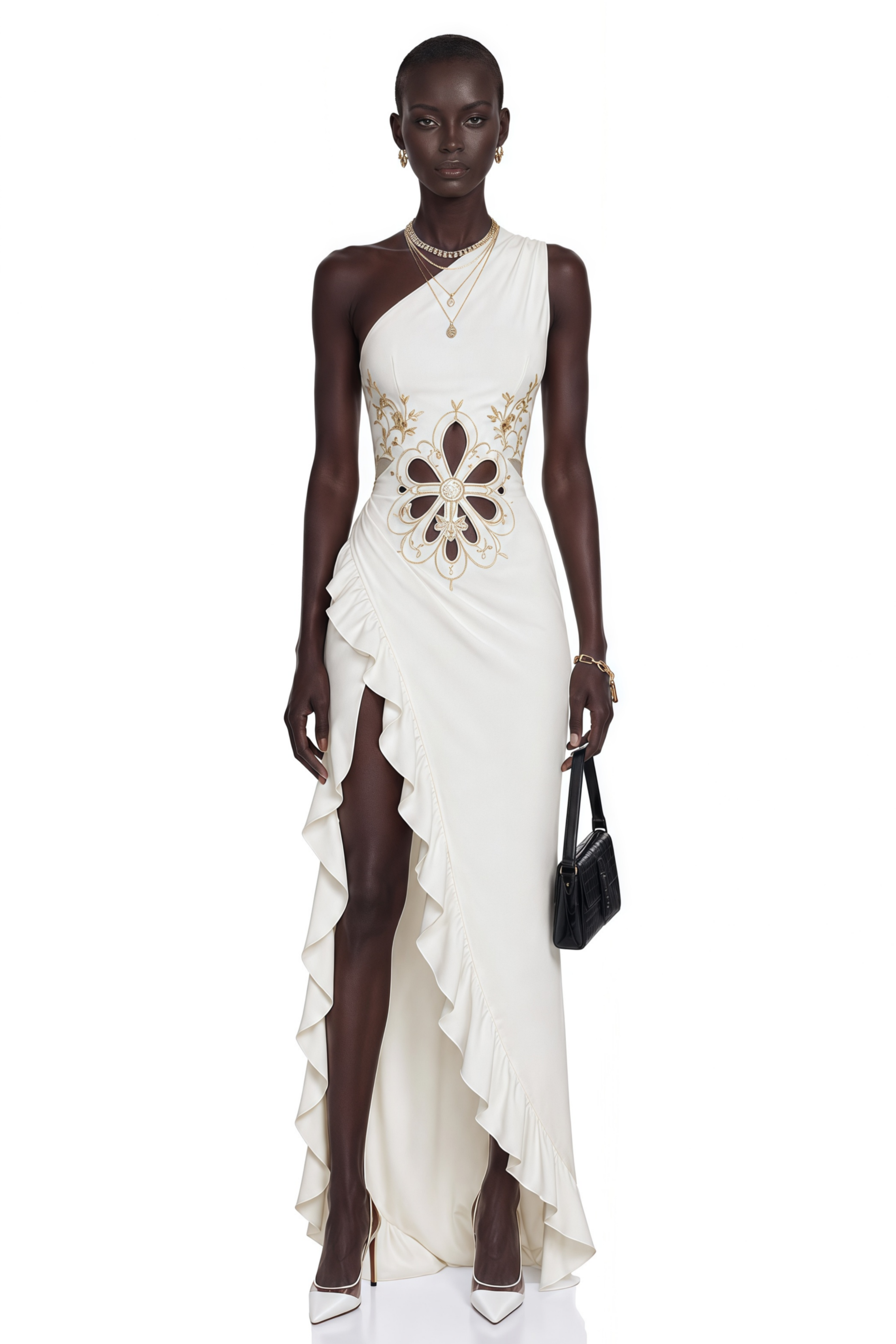Fiorella White One-Shoulder Floral Cut-Out Ruffle Maxi Dress