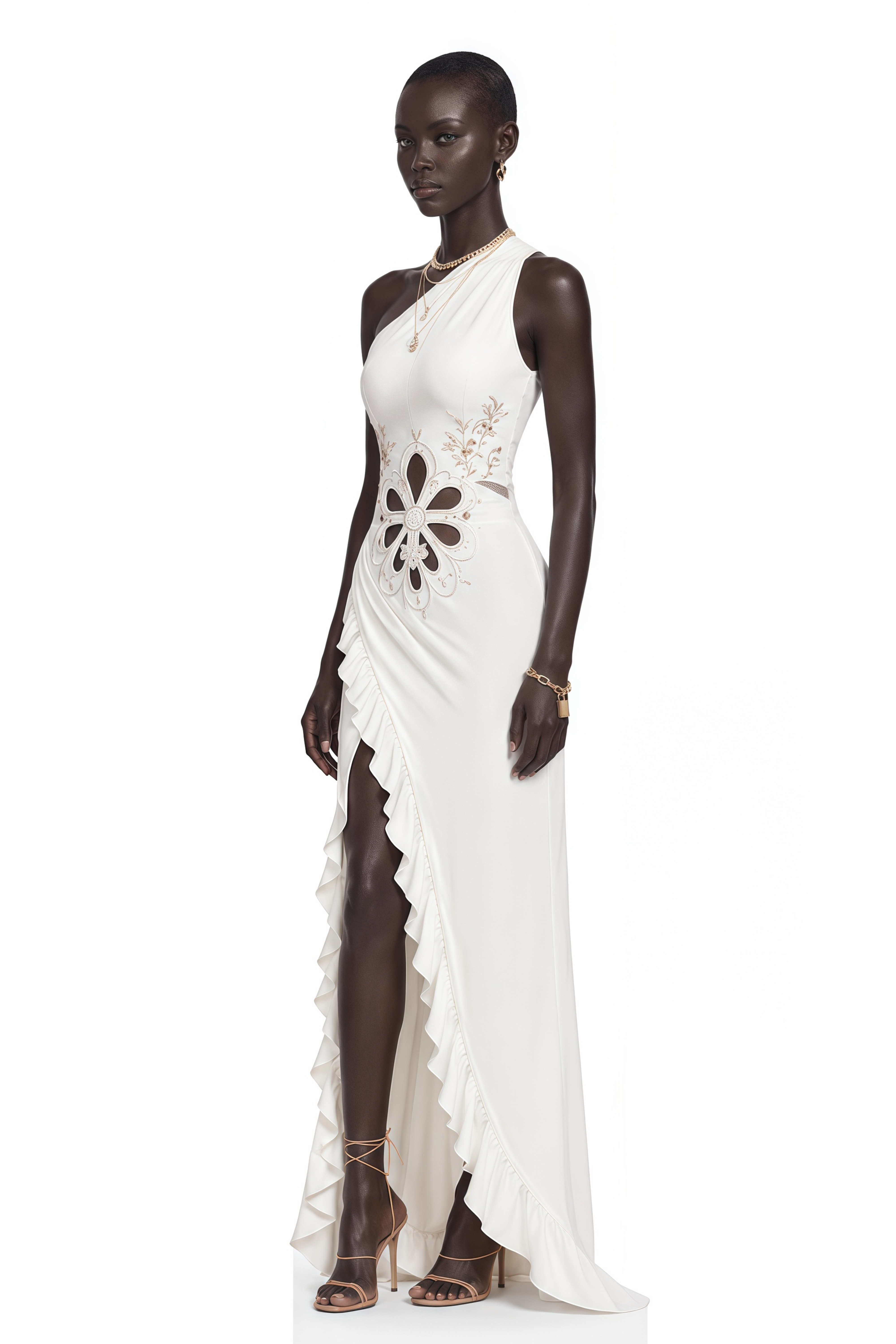 Fiorella White One-Shoulder Floral Cut-Out Ruffle Maxi Dress