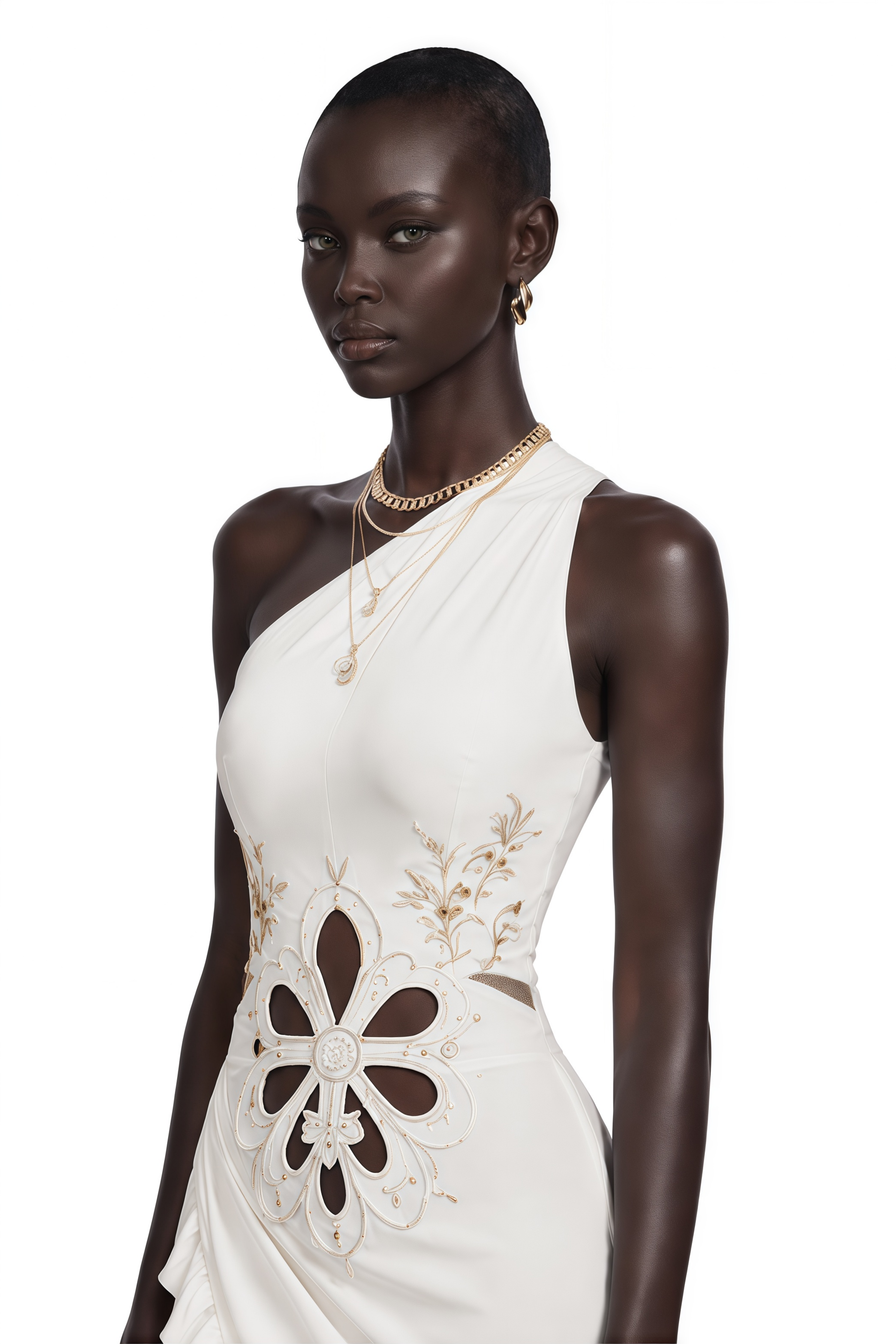 Fiorella White One-Shoulder Floral Cut-Out Ruffle Maxi Dress
