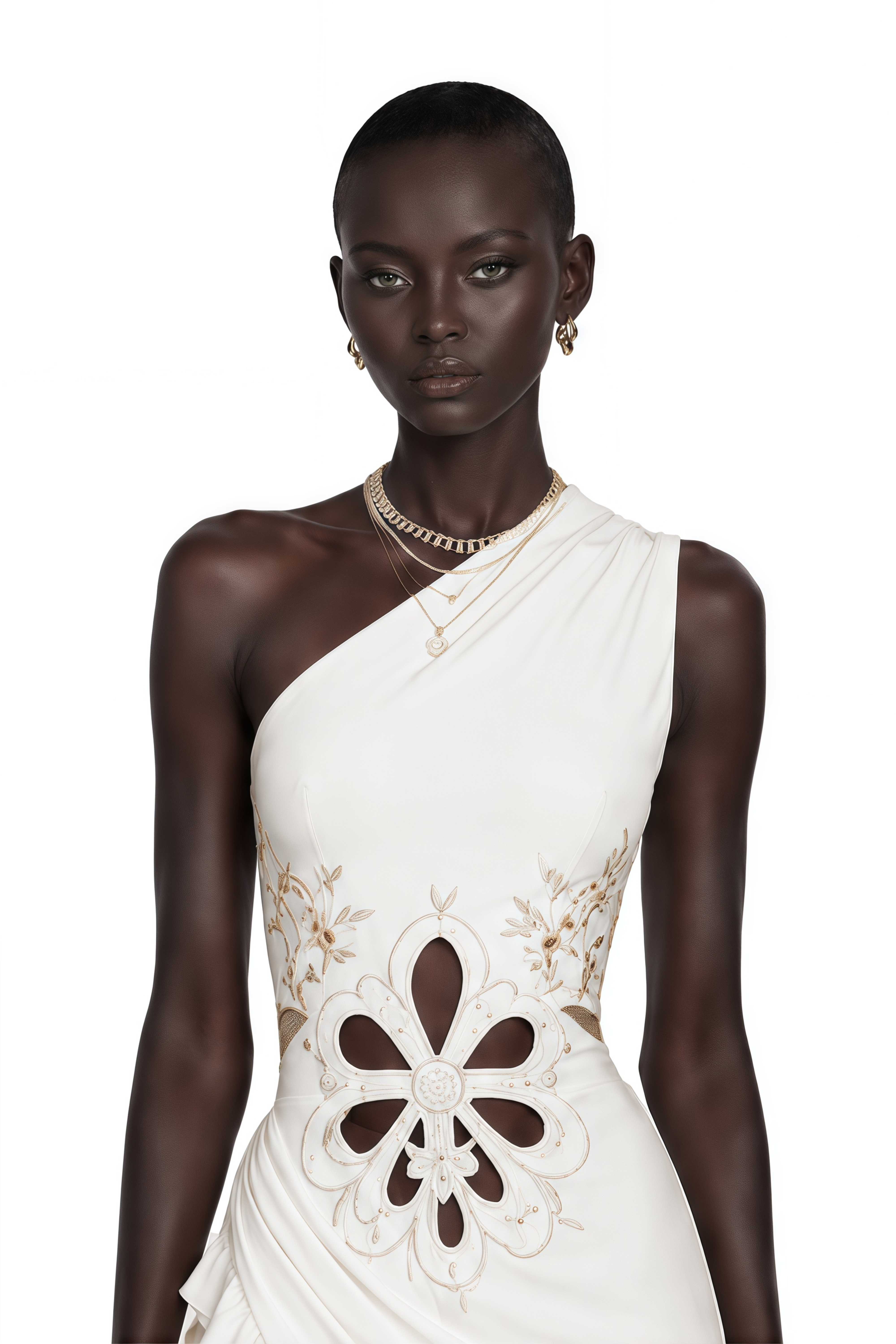 Fiorella White One-Shoulder Floral Cut-Out Ruffle Maxi Dress
