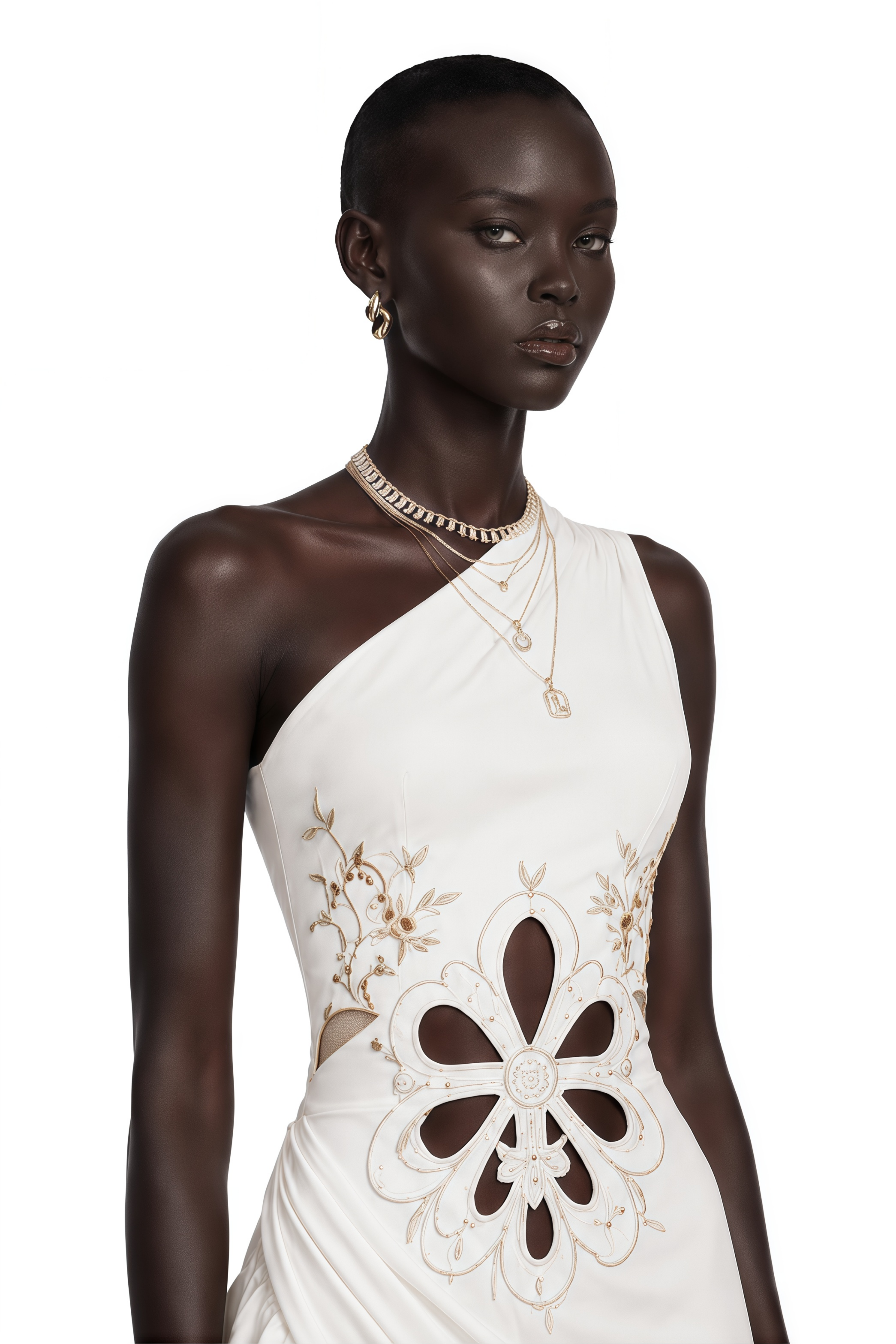 Fiorella White One-Shoulder Floral Cut-Out Ruffle Maxi Dress