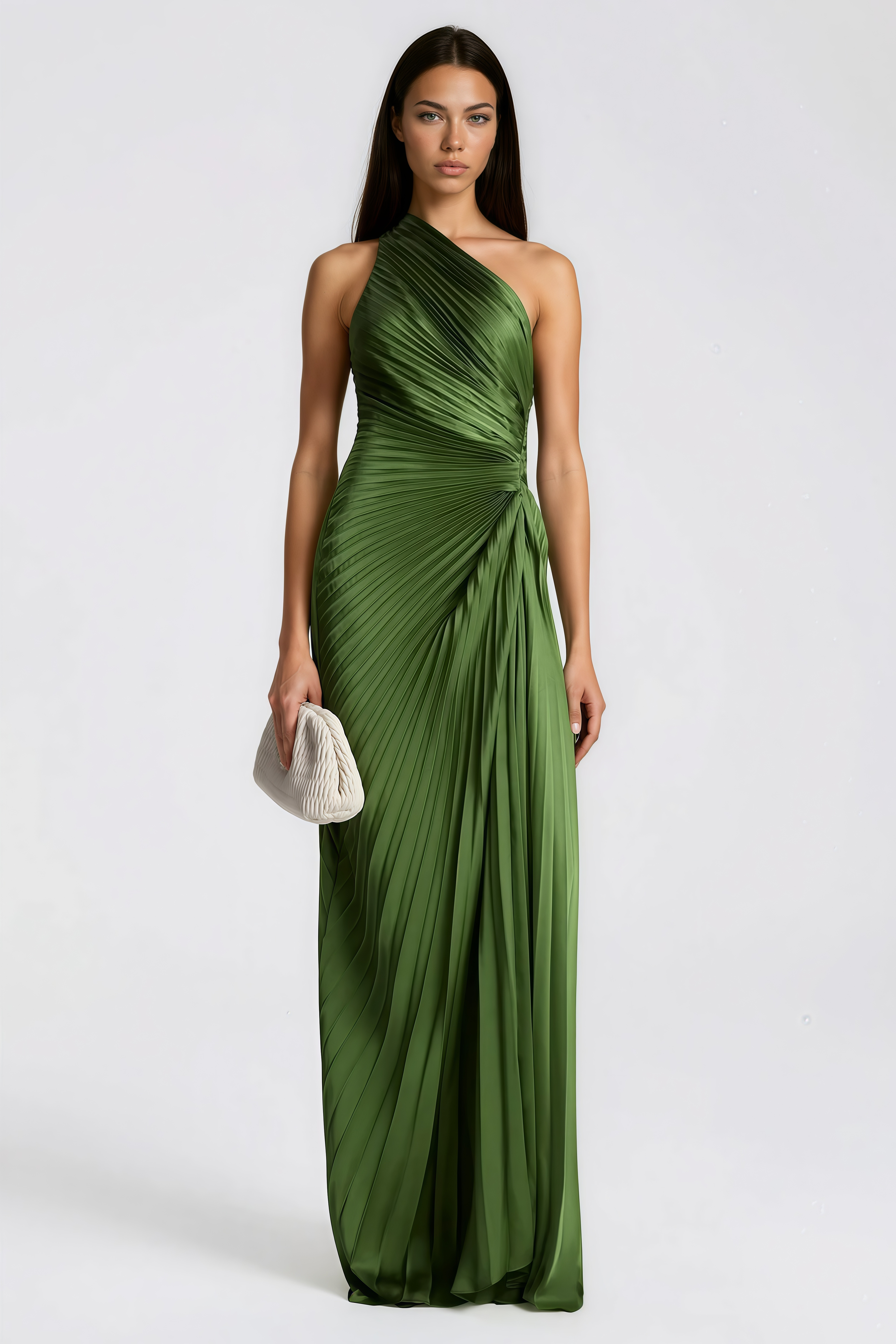 Olive green maxi dress with a pleated one-shoulder neckline and fully pleated draped skirt