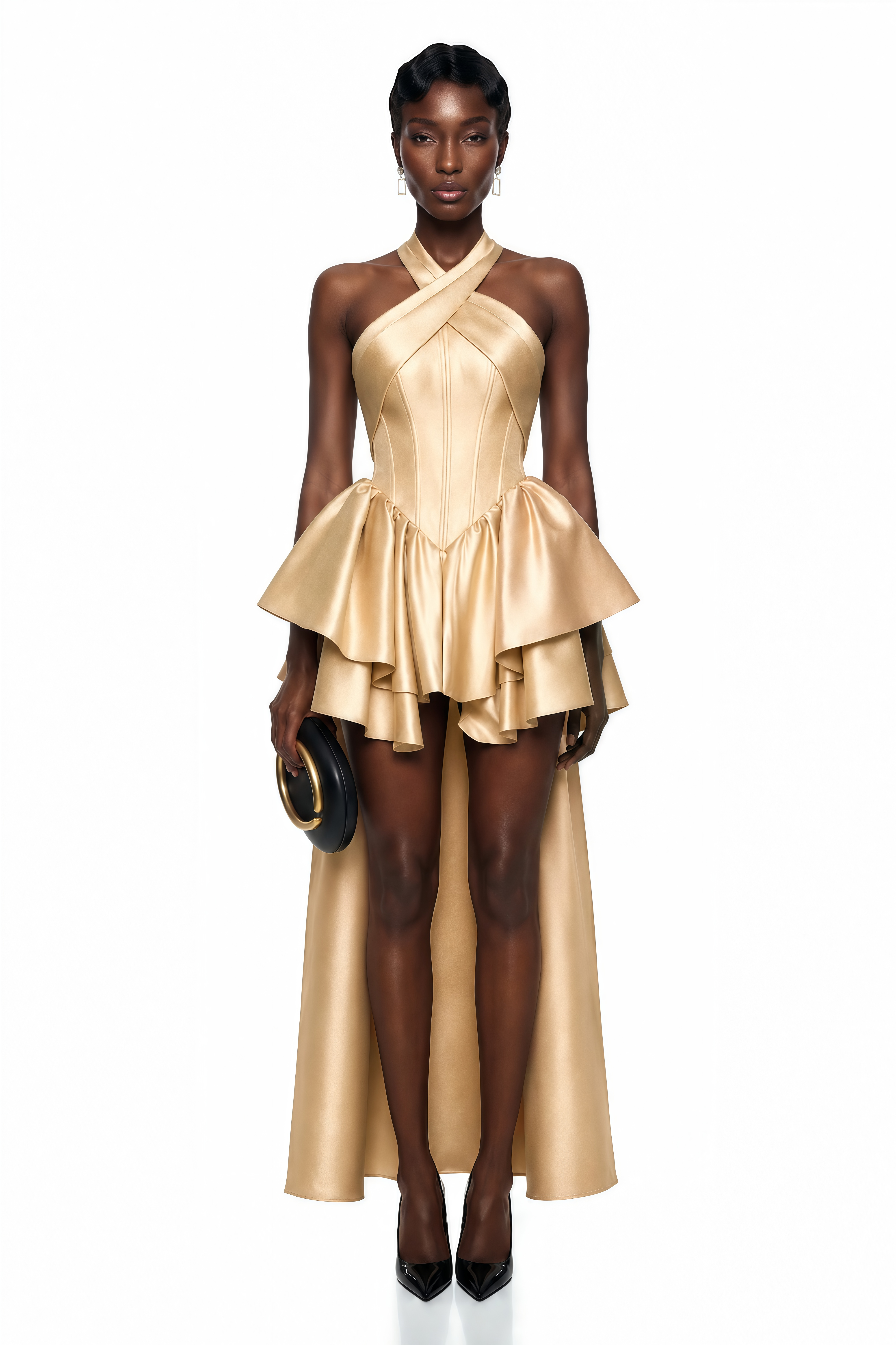 Gold satin high-low dress with a crisscross halter neckline, structured corset bodice, and layered ruffled skirt