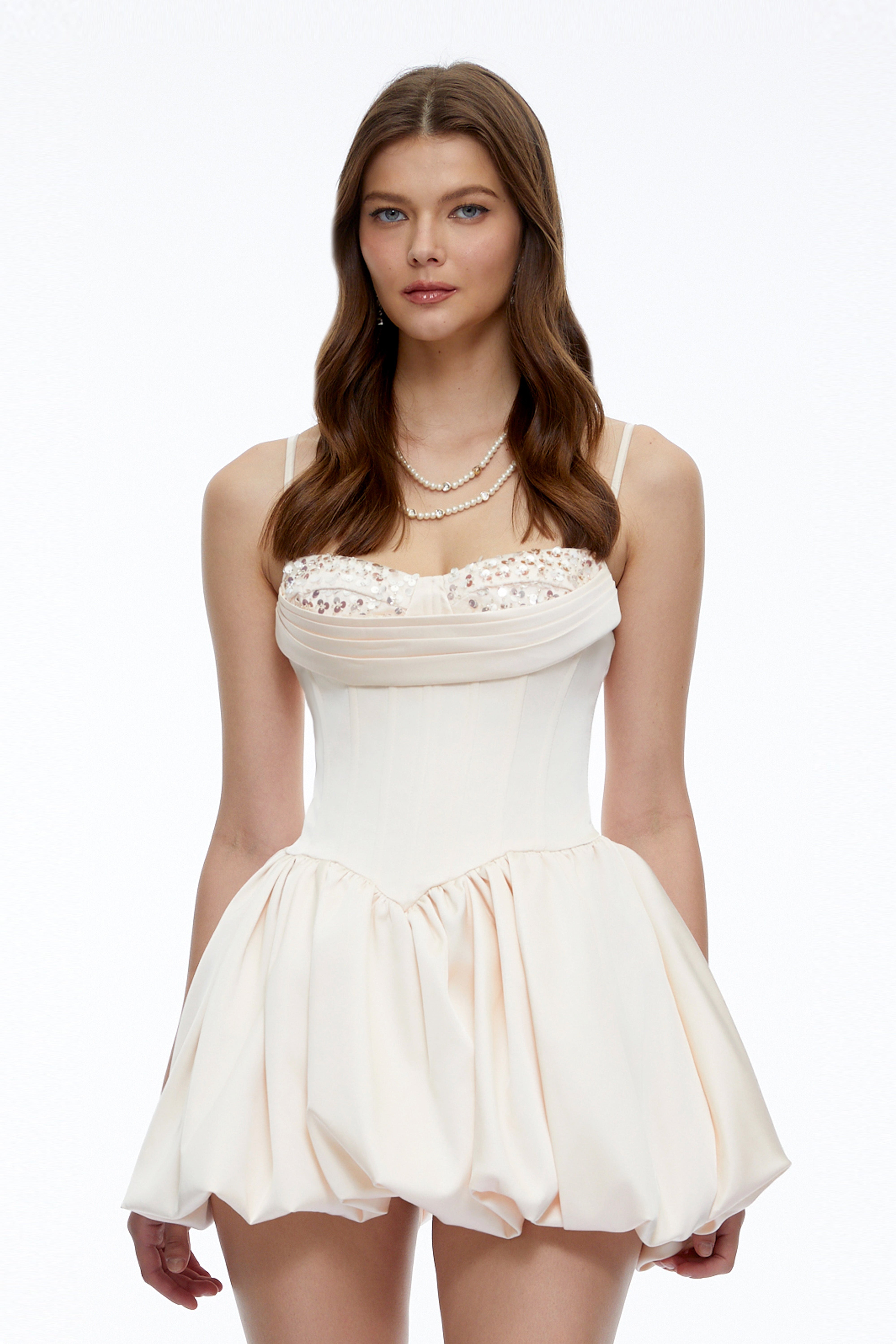 Flavie Neutral Sequin Embellished Corset Satin Mini Dress