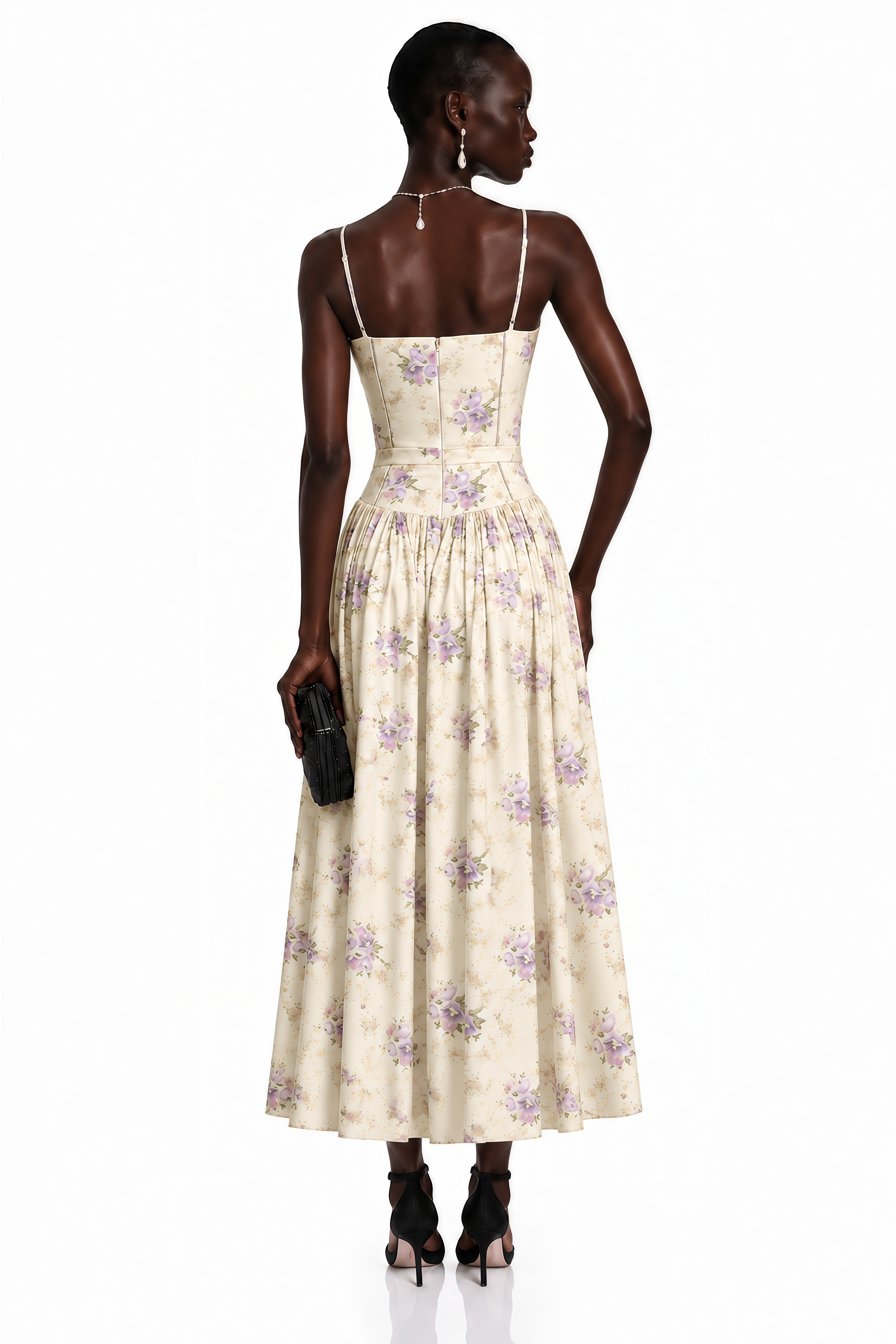 Floral midi dress with spaghetti straps, a structured corset bodice, and a gathered A-line skirt