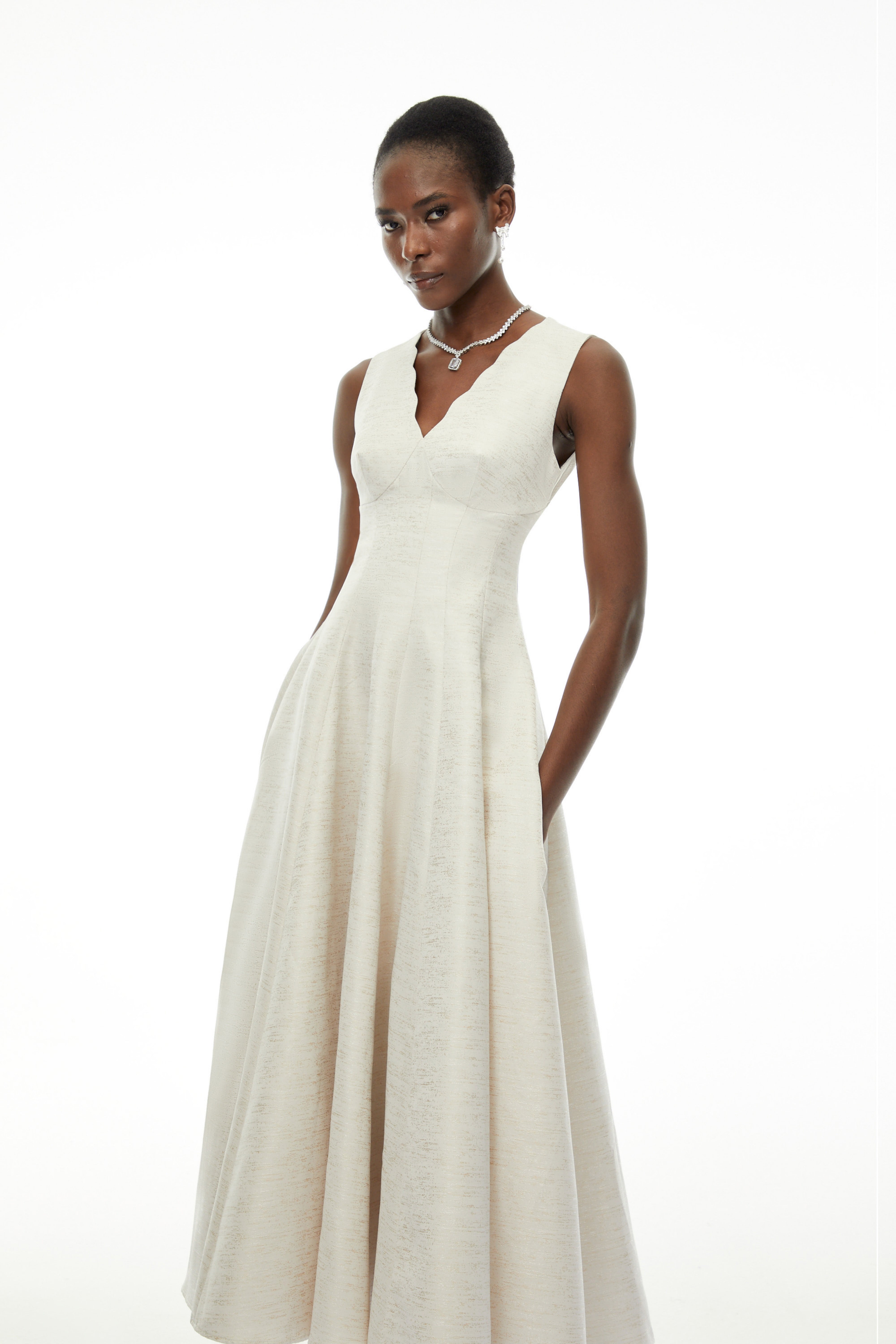 Florence Cream V-Neck Flared Satin Maxi Dress (Final Sale)