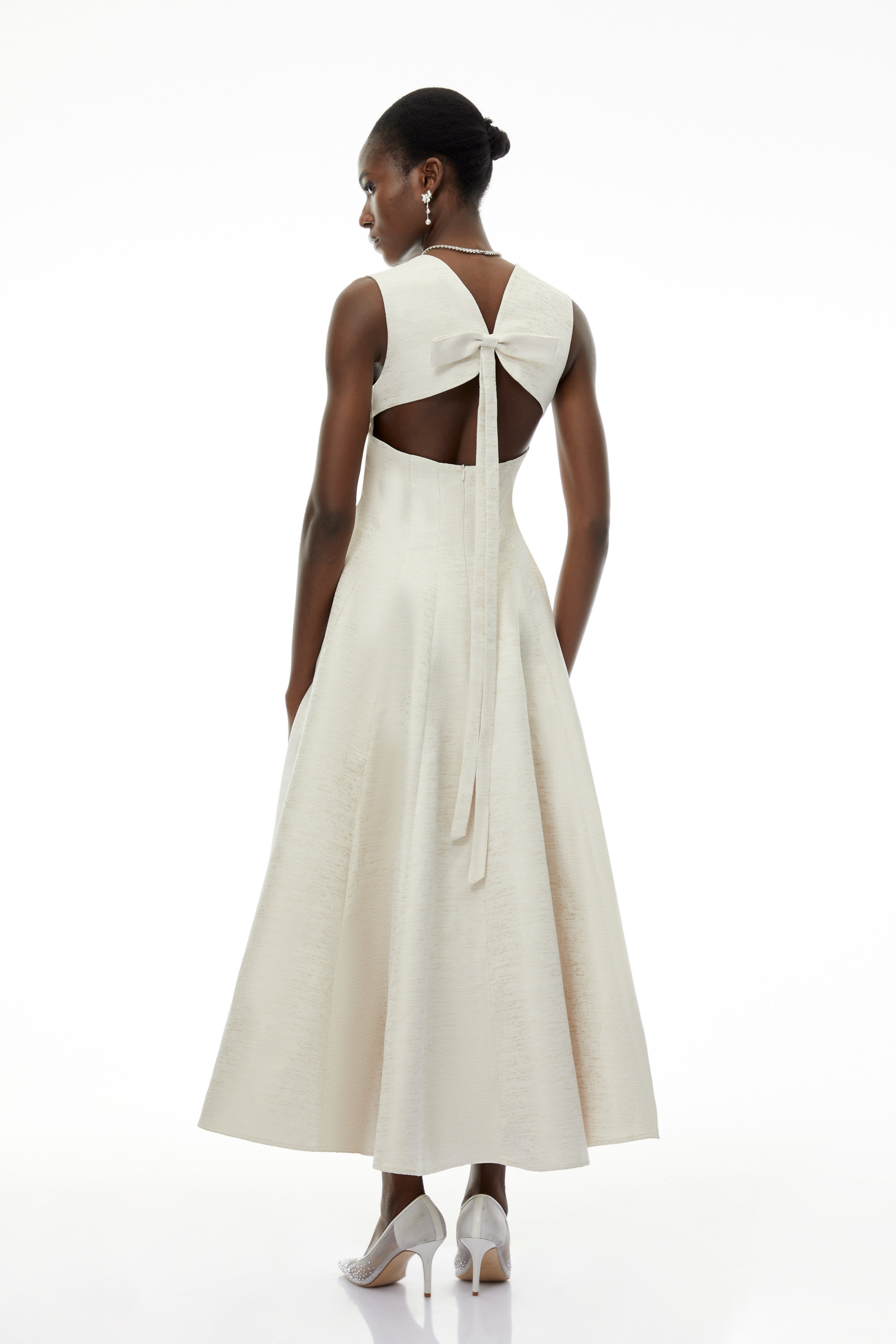 Florence Cream V-Neck Flared Satin Maxi Dress (Final Sale)