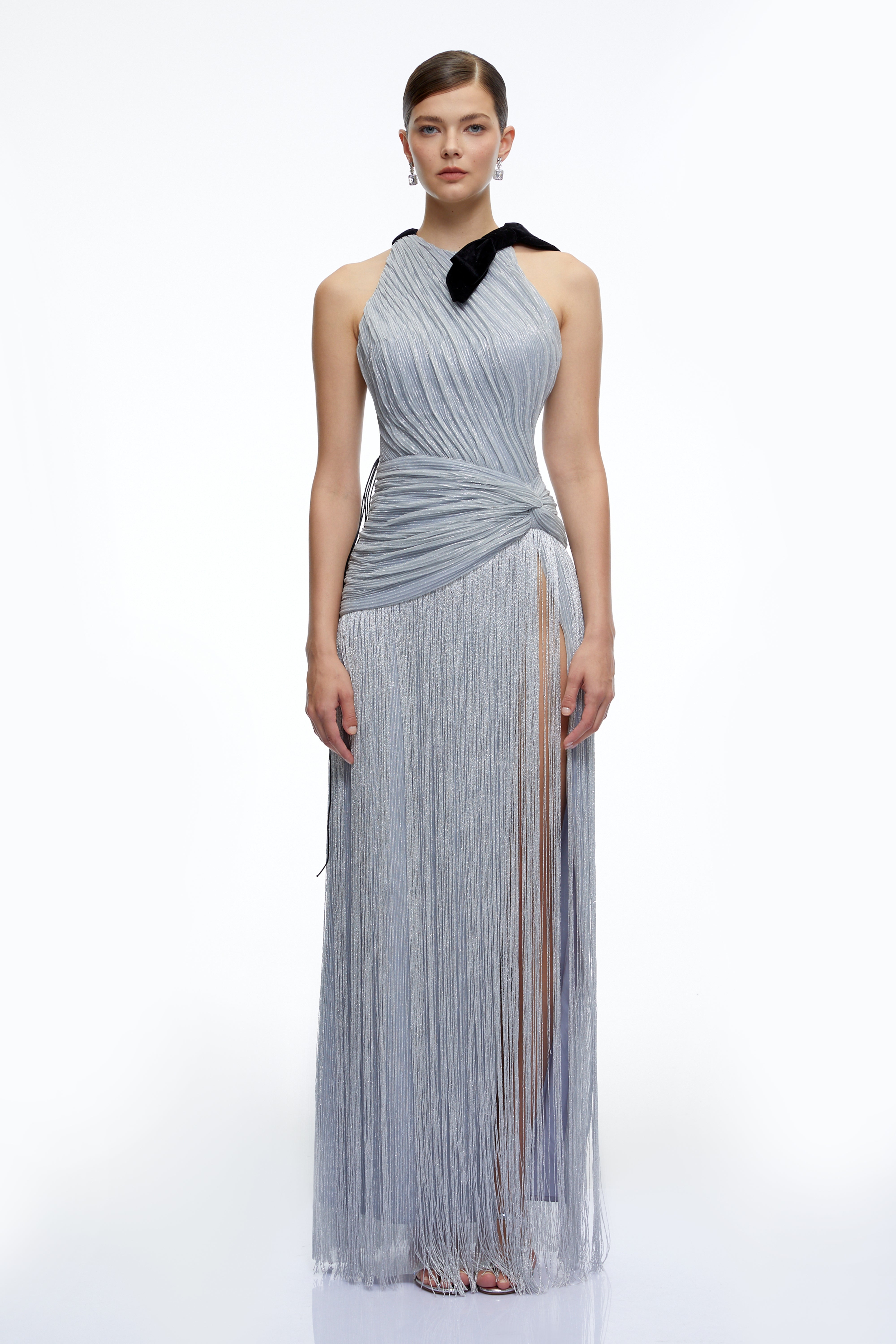 Robe longue à franges argentées « Francesca » avec nœud
