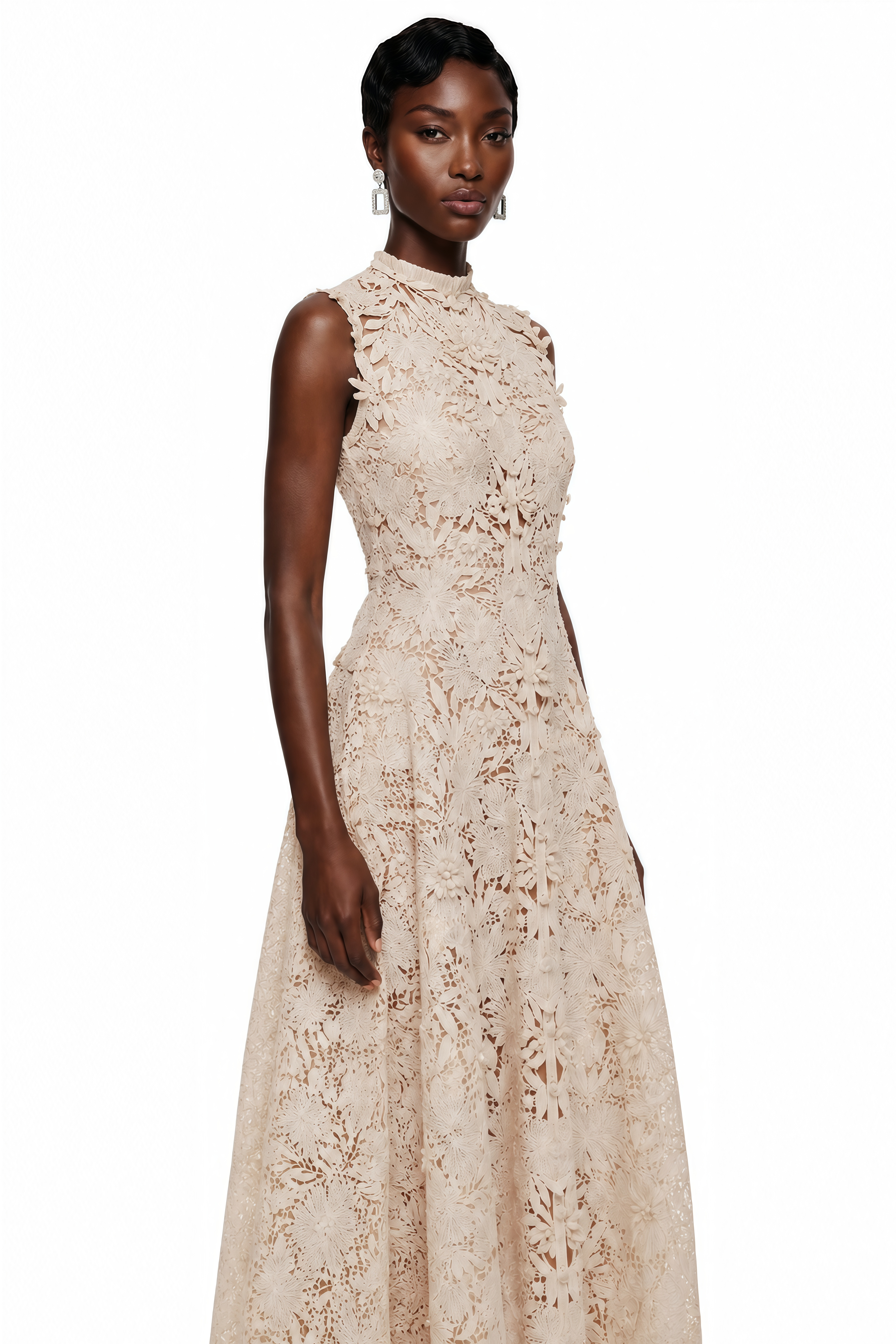 Cream lace maxi dress with a high neckline and 3D floral applique details