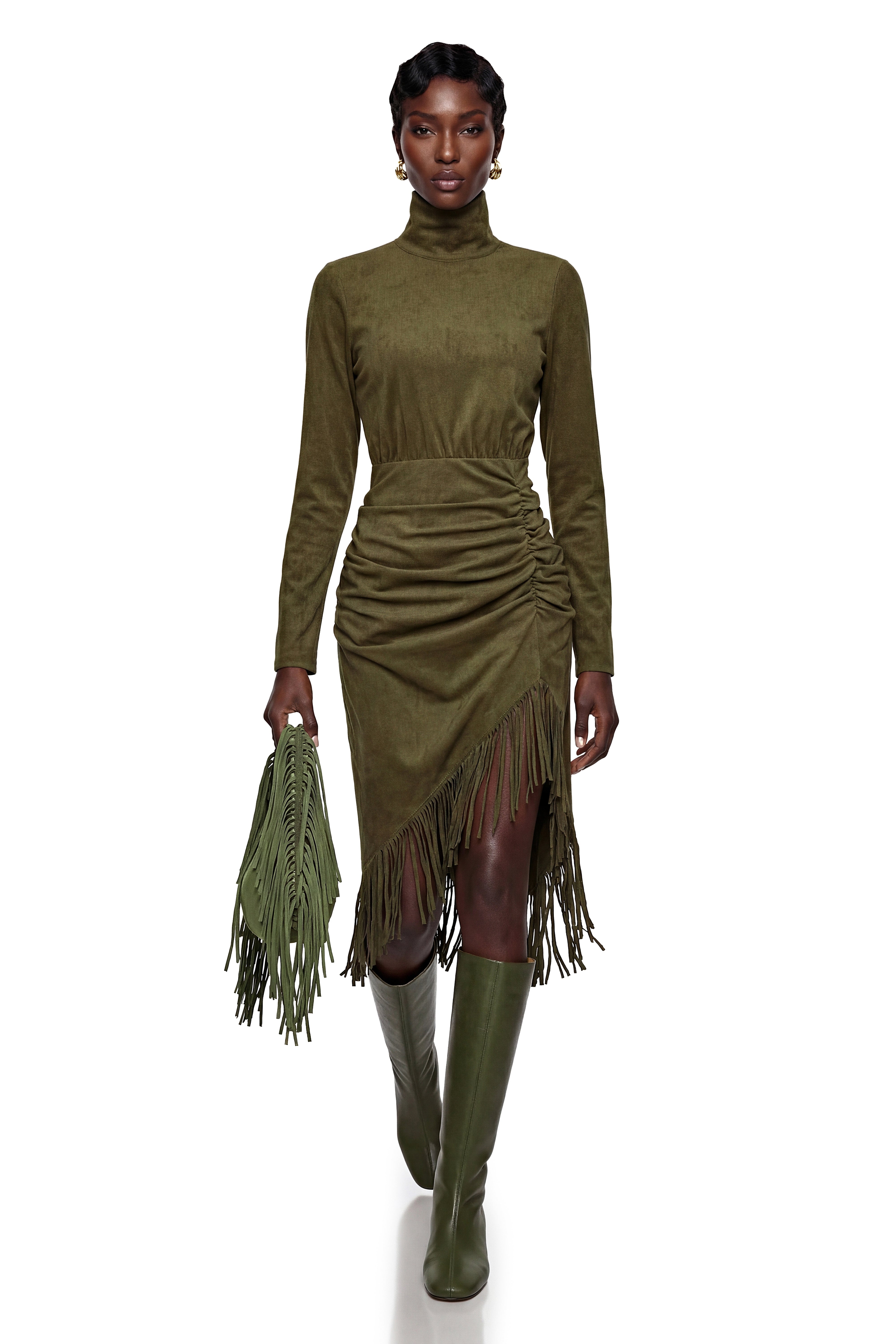 Freya Green High Neck Midi Dress with Fringe (Final Sale)