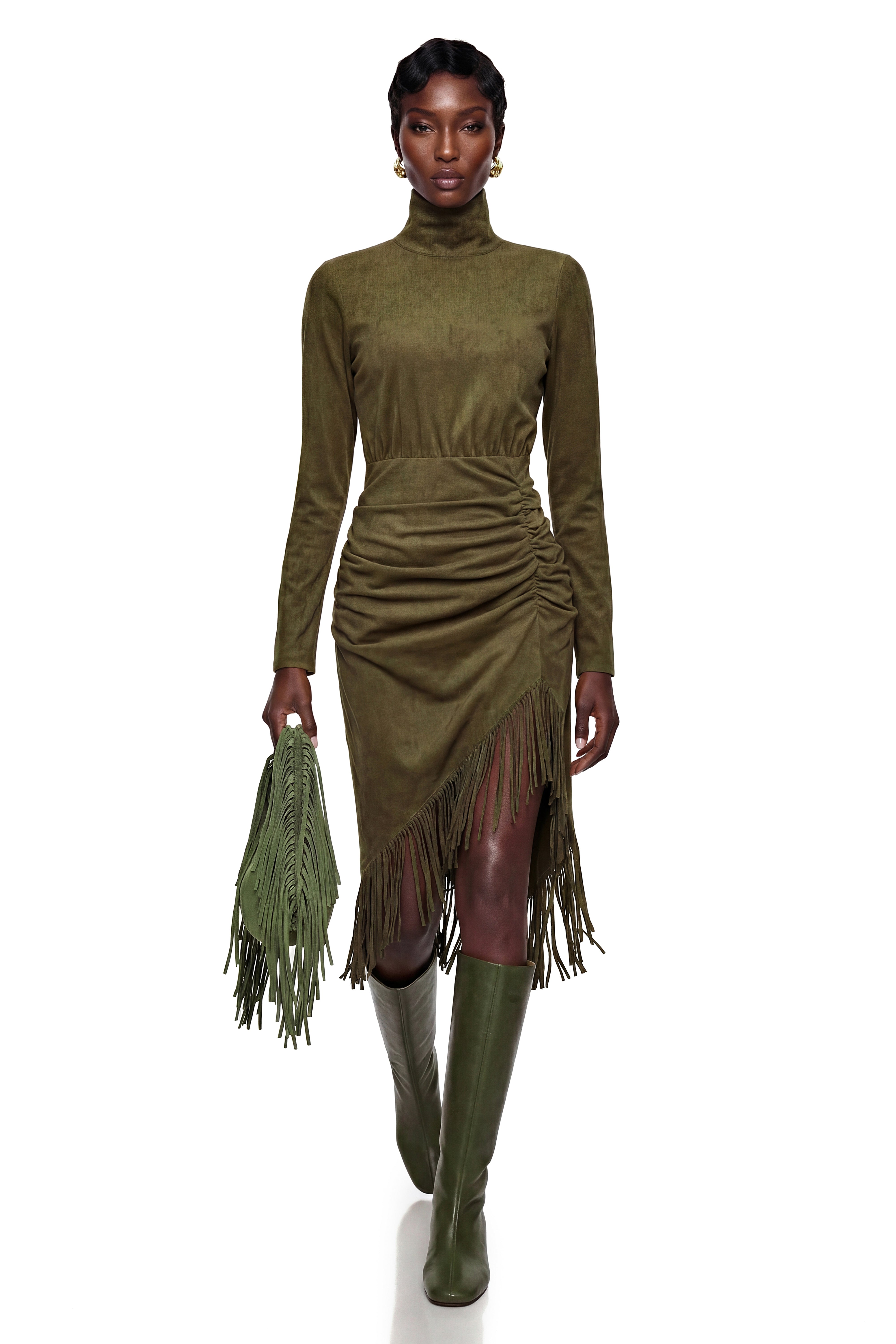 Freya Green High Neck Midi Dress with Fringe (Final Sale)