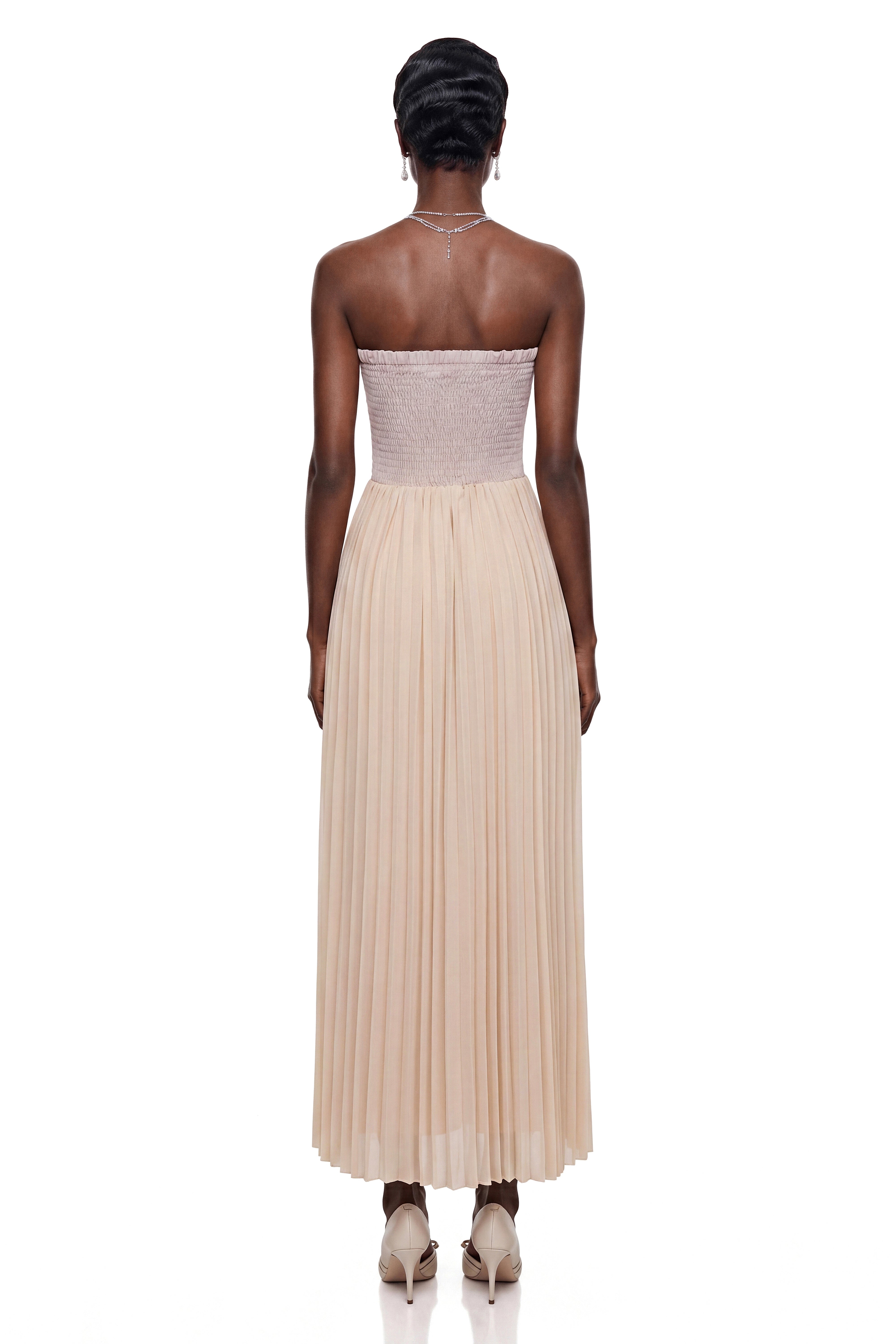 Frigg Champagne Floral Lace Pleated Maxi Dress