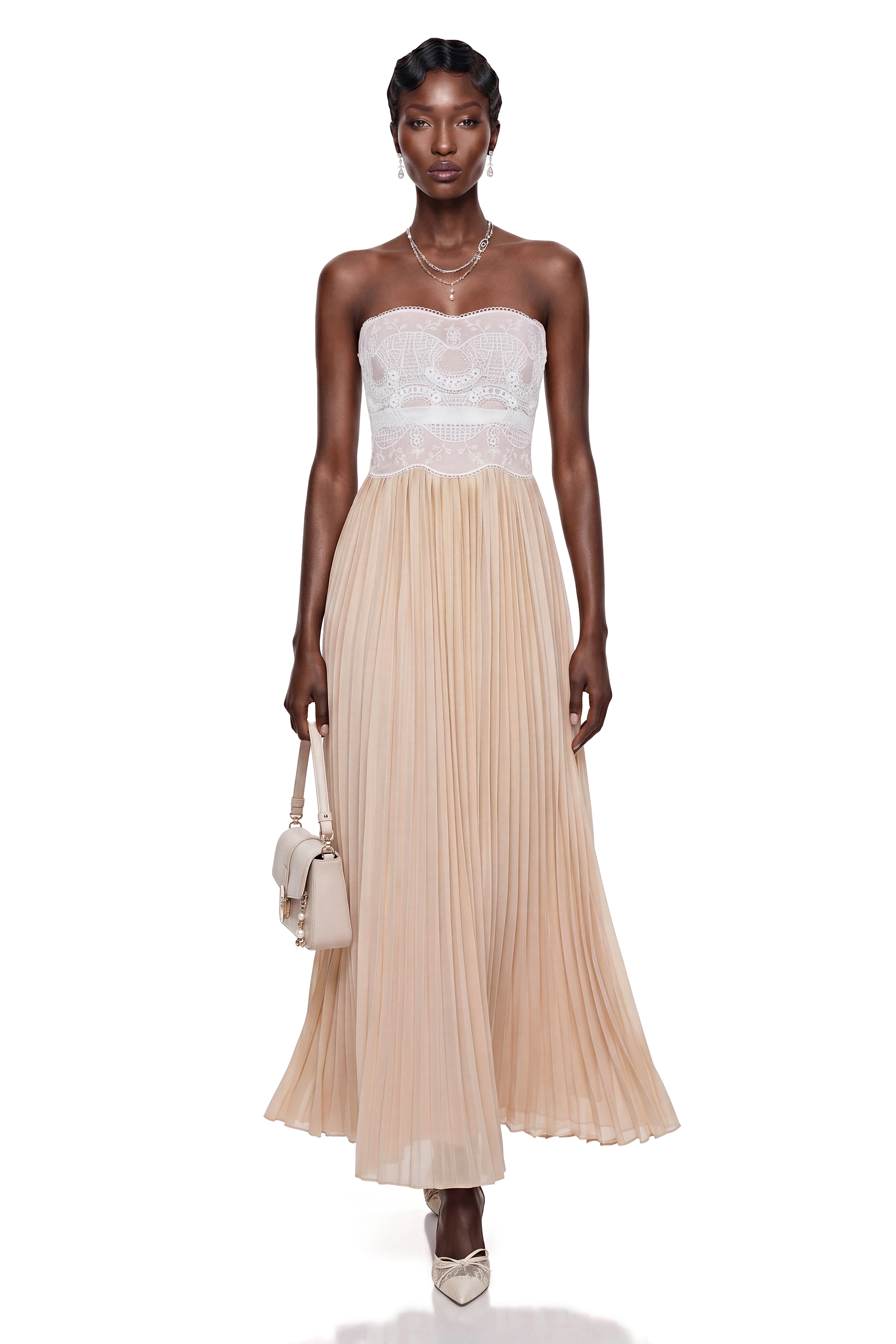 Frigg Champagne Floral Lace Pleated Maxi Dress