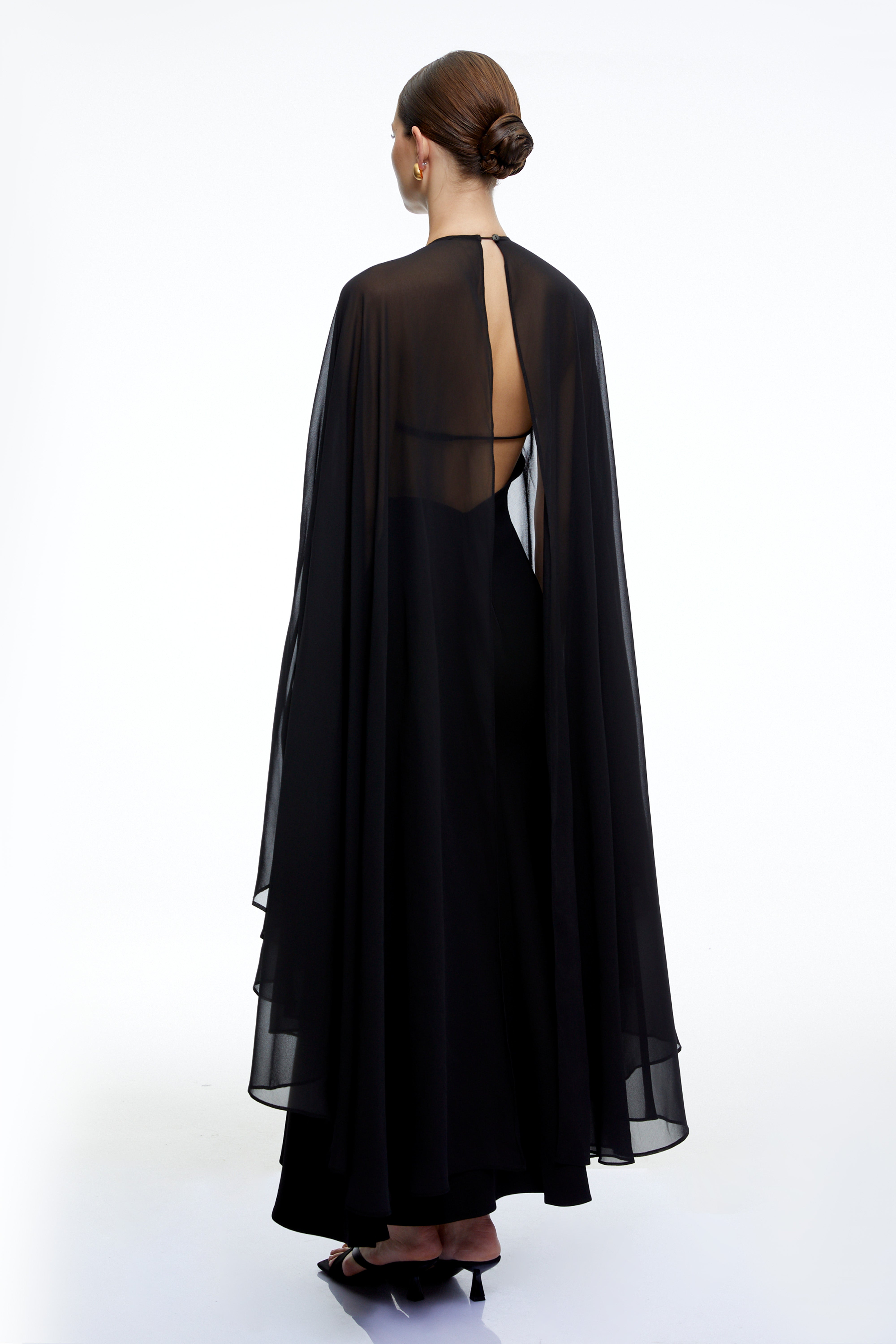 Gabriela Black Solid Color Maxi Dress with Cape