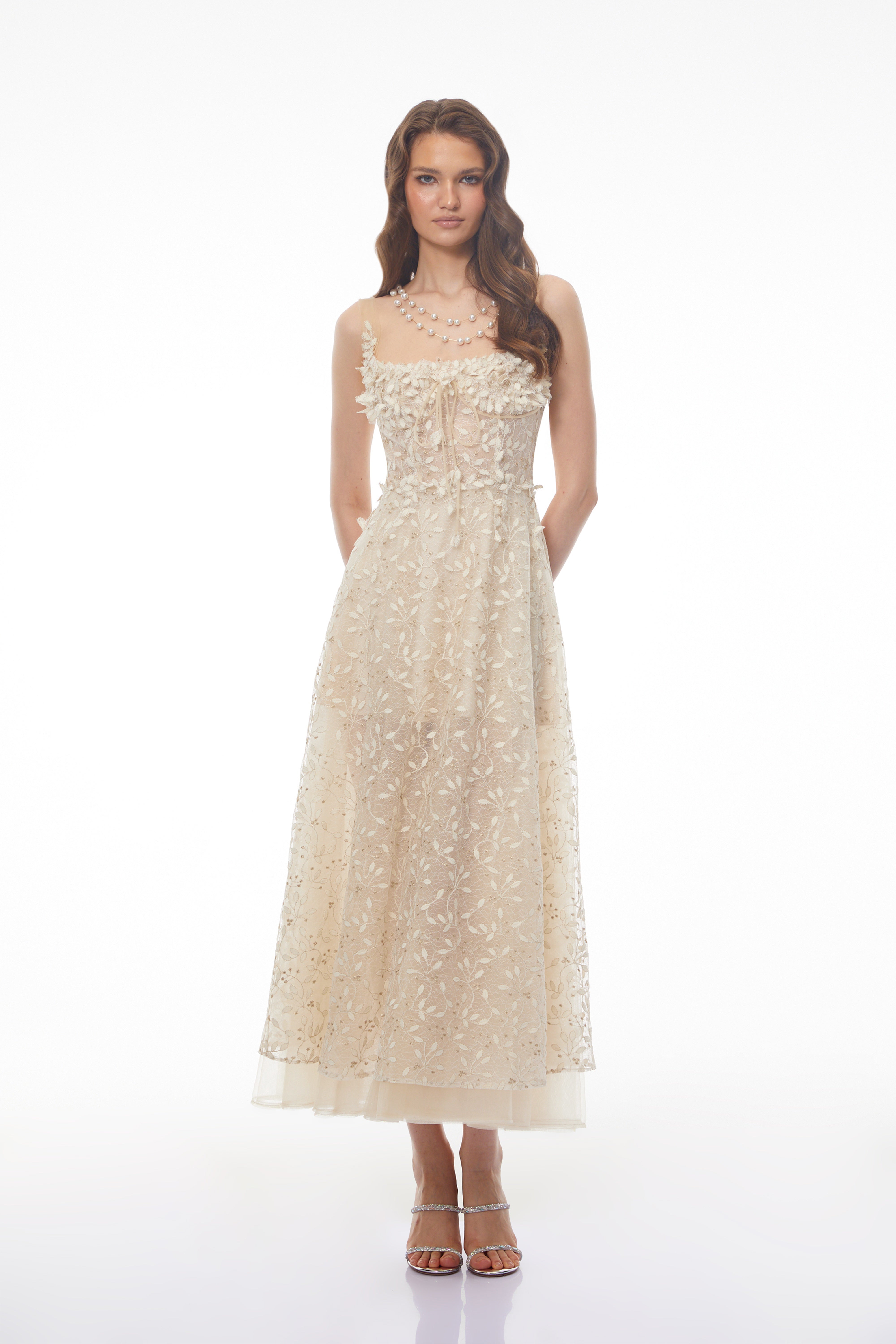 Cream embroidered A-line midi dress with 3D floral details at the neckline