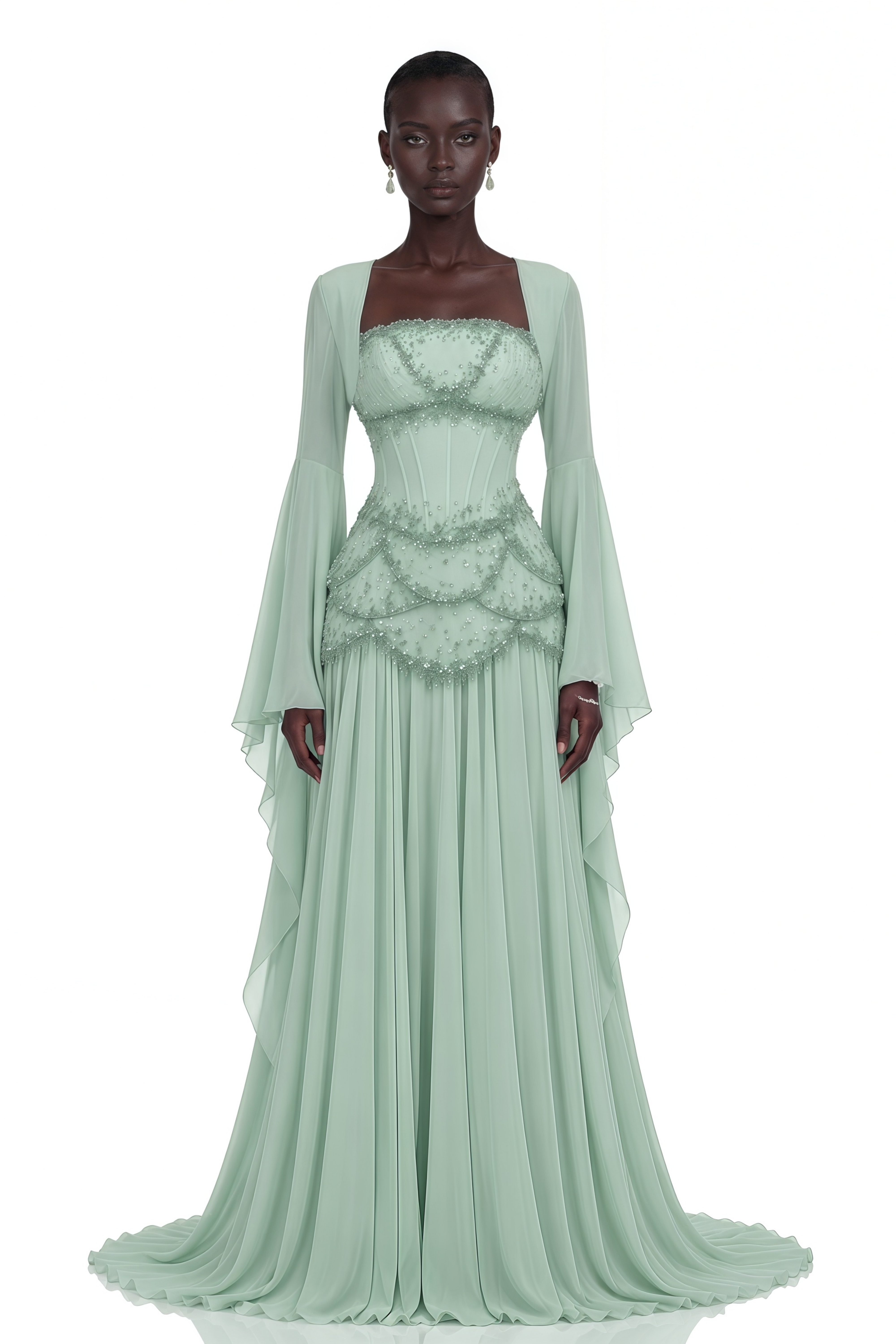 Robe longue plissée Gaëlle Green ornée de fausses perles