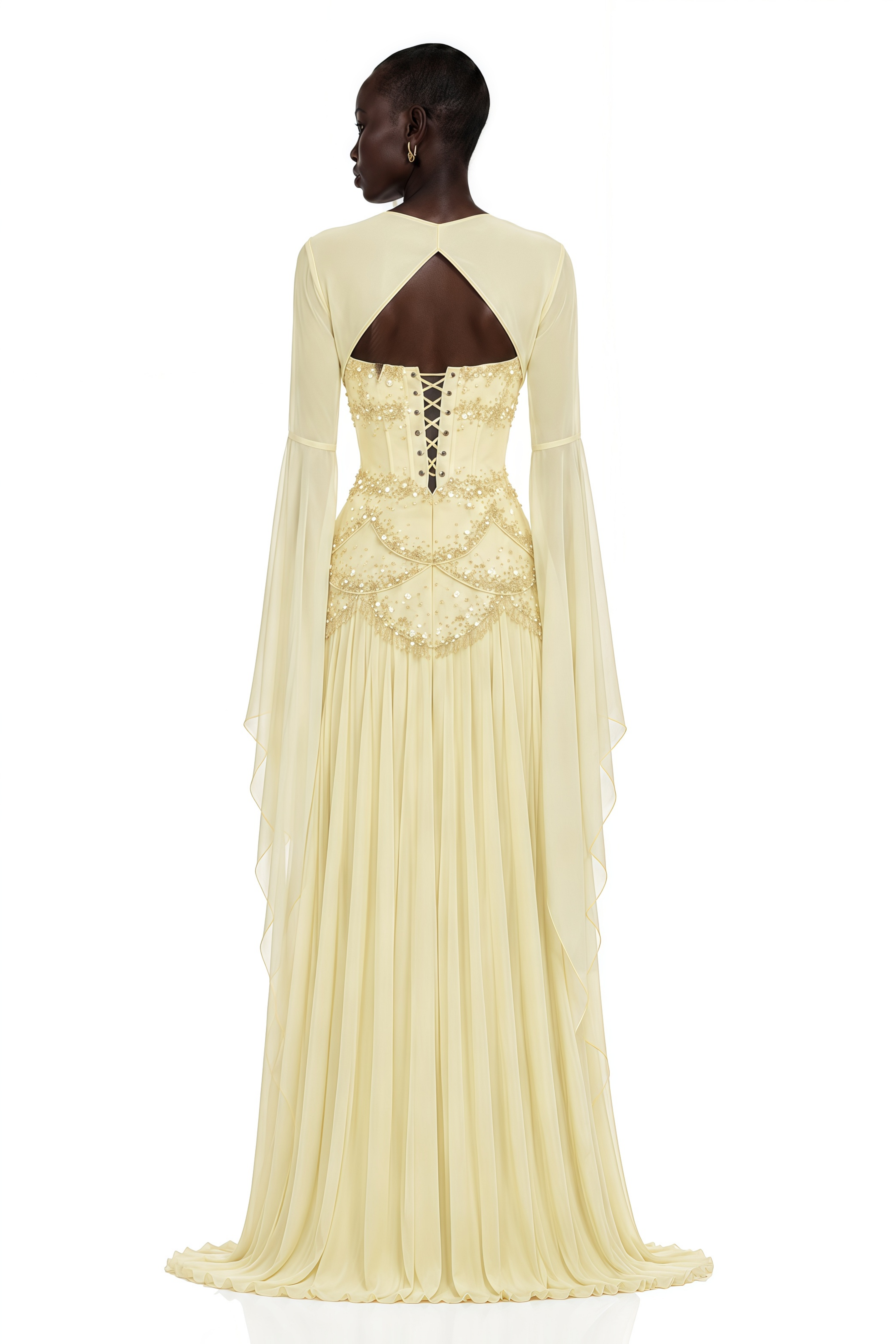 Robe longue plissée Gaëlle jaune, ornée de fausses perles