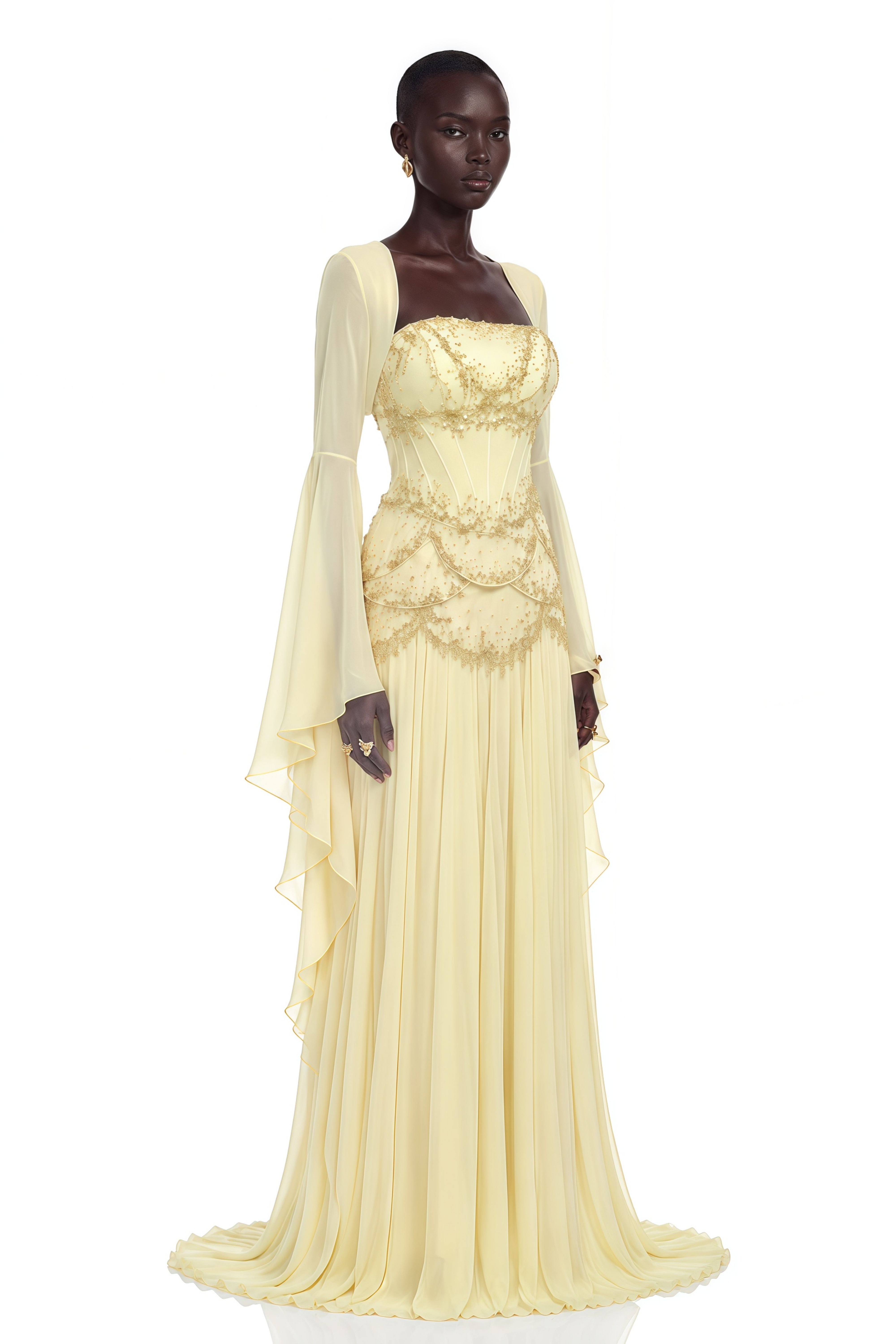 Robe longue plissée Gaëlle jaune, ornée de fausses perles