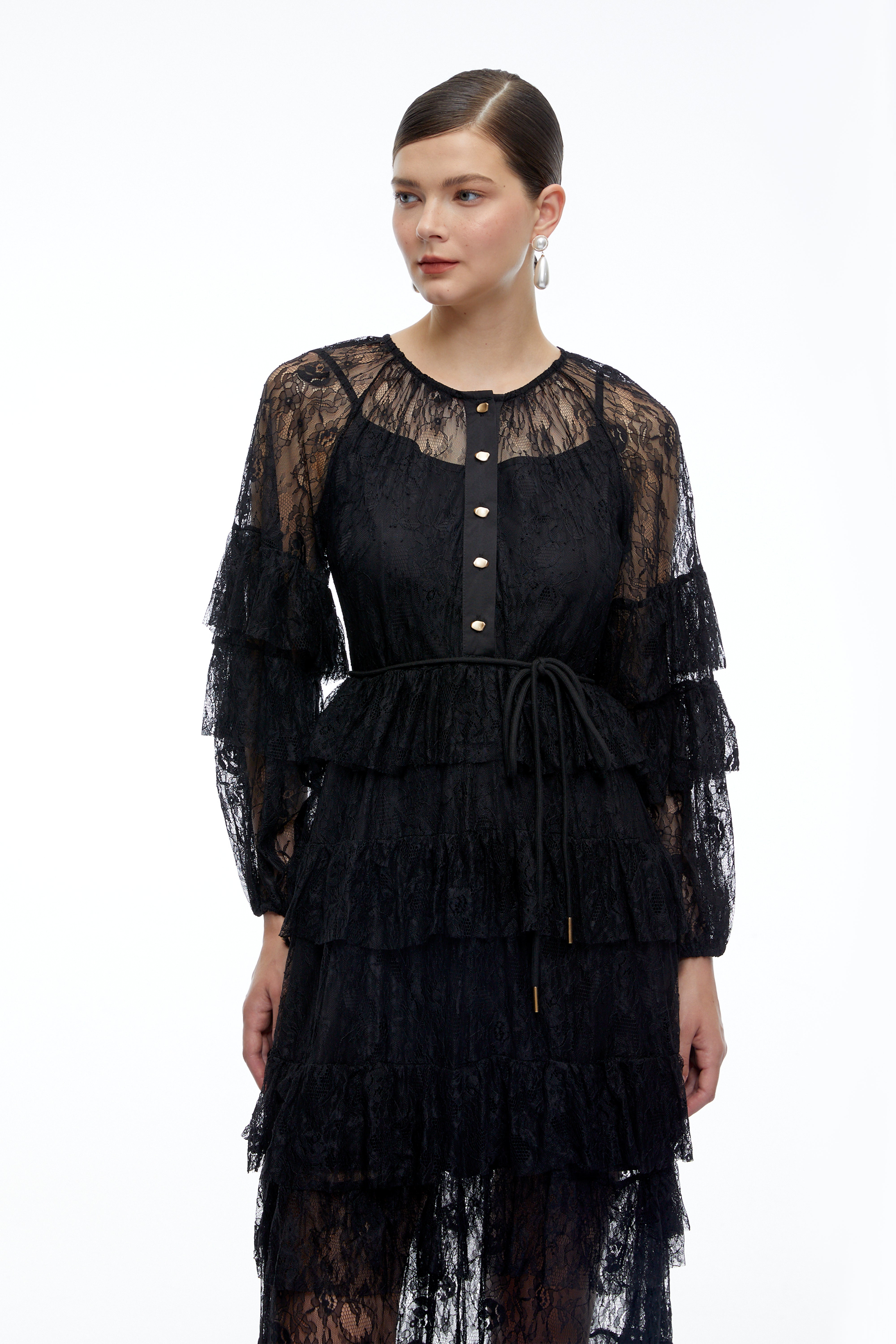 Galatea Black Tiered Lace Long Sleeves Maxi Dress