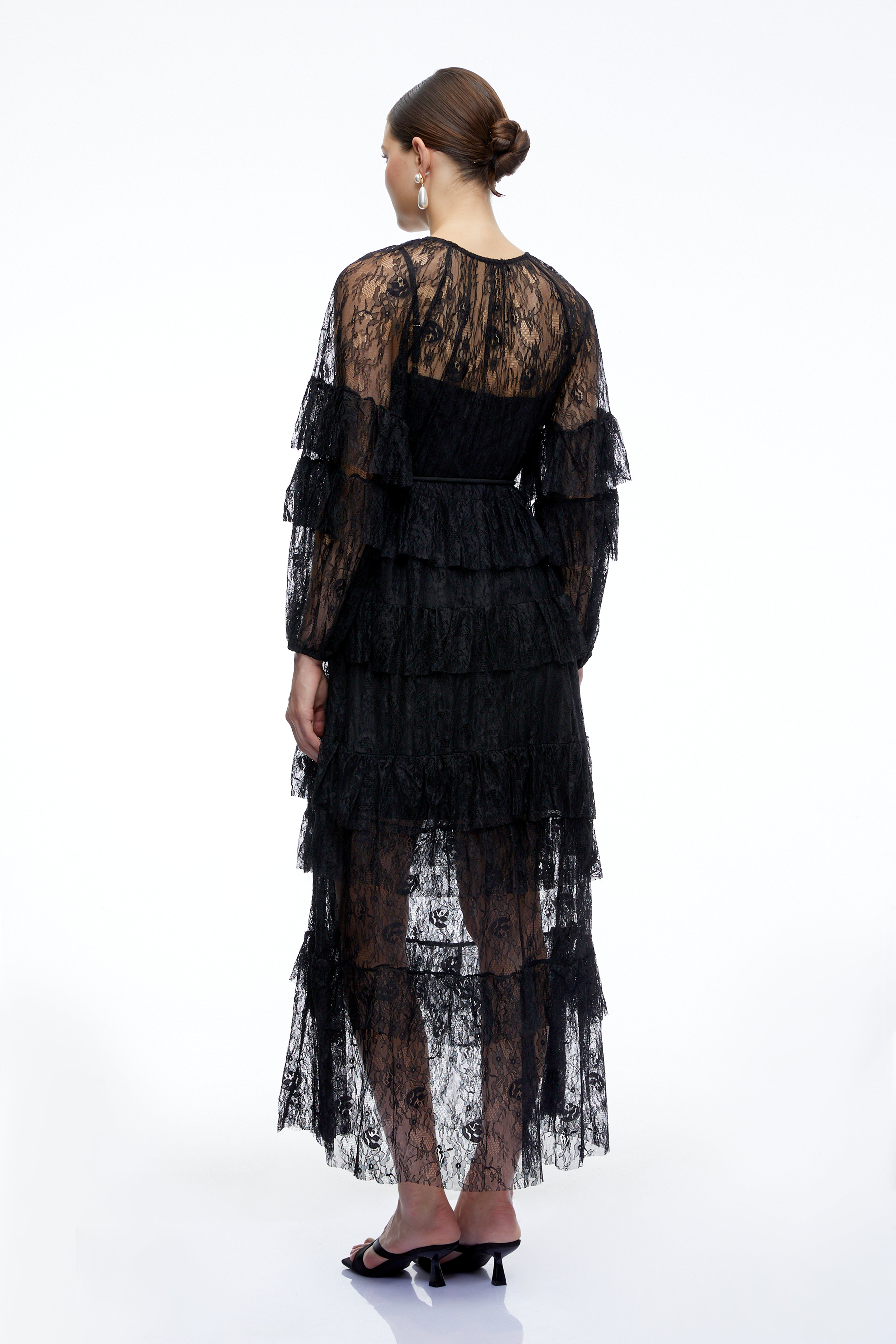 Galatea Black Tiered Lace Long Sleeves Maxi Dress