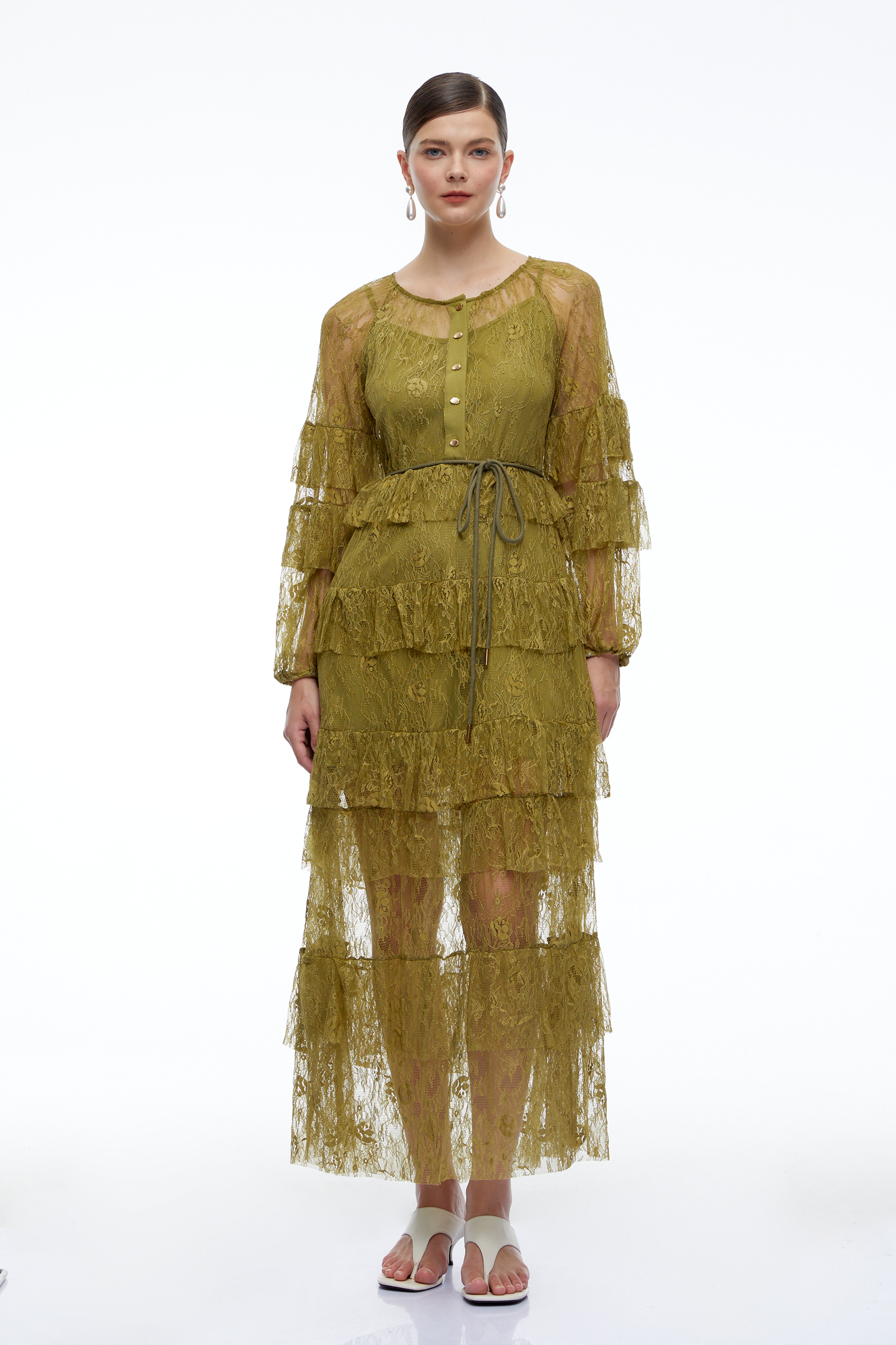 Galatea Green Tiered Lace Long Sleeves Maxi Dress