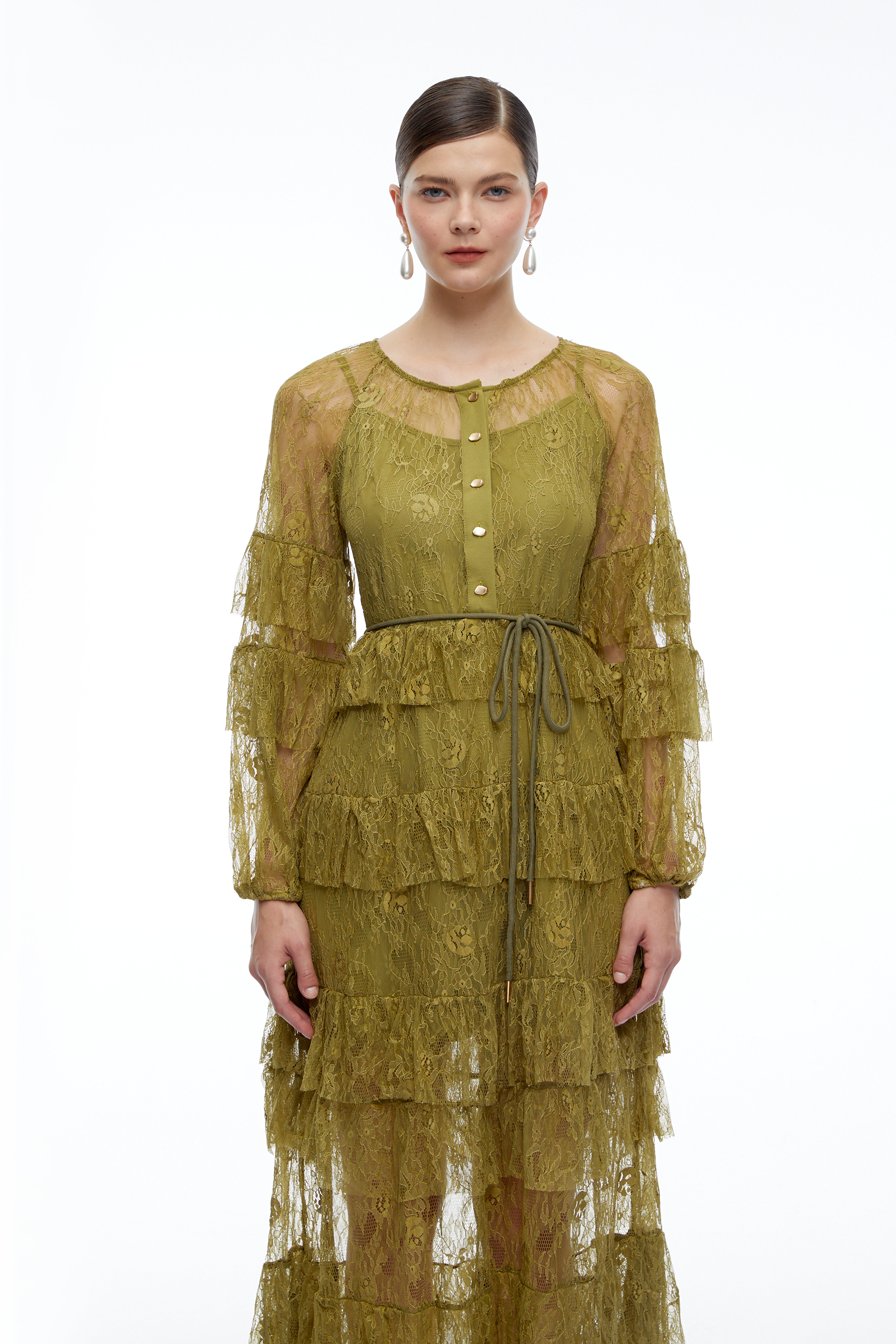 Galatea Green Tiered Lace Long Sleeves Maxi Dress