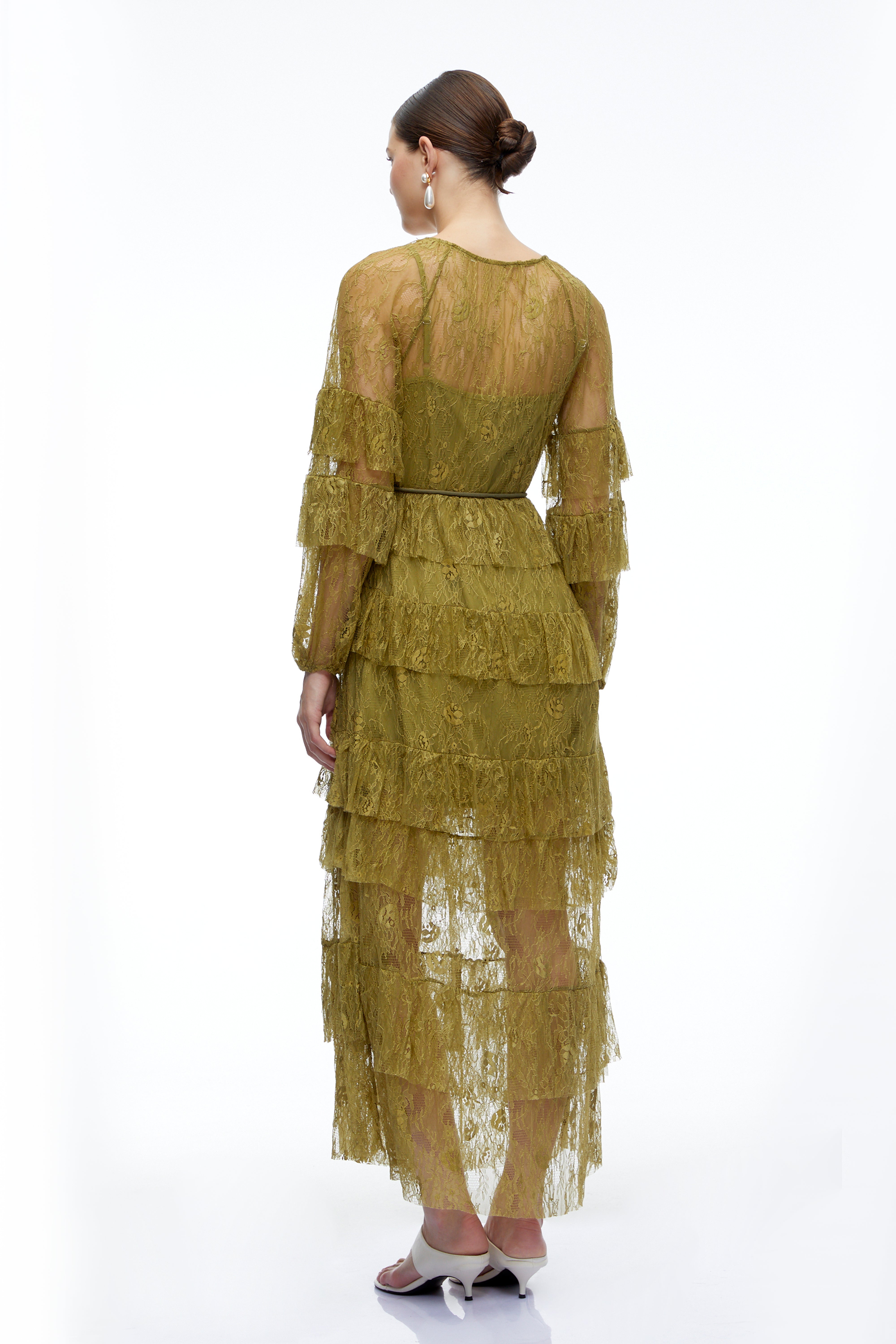 Galatea Green Tiered Lace Long Sleeves Maxi Dress