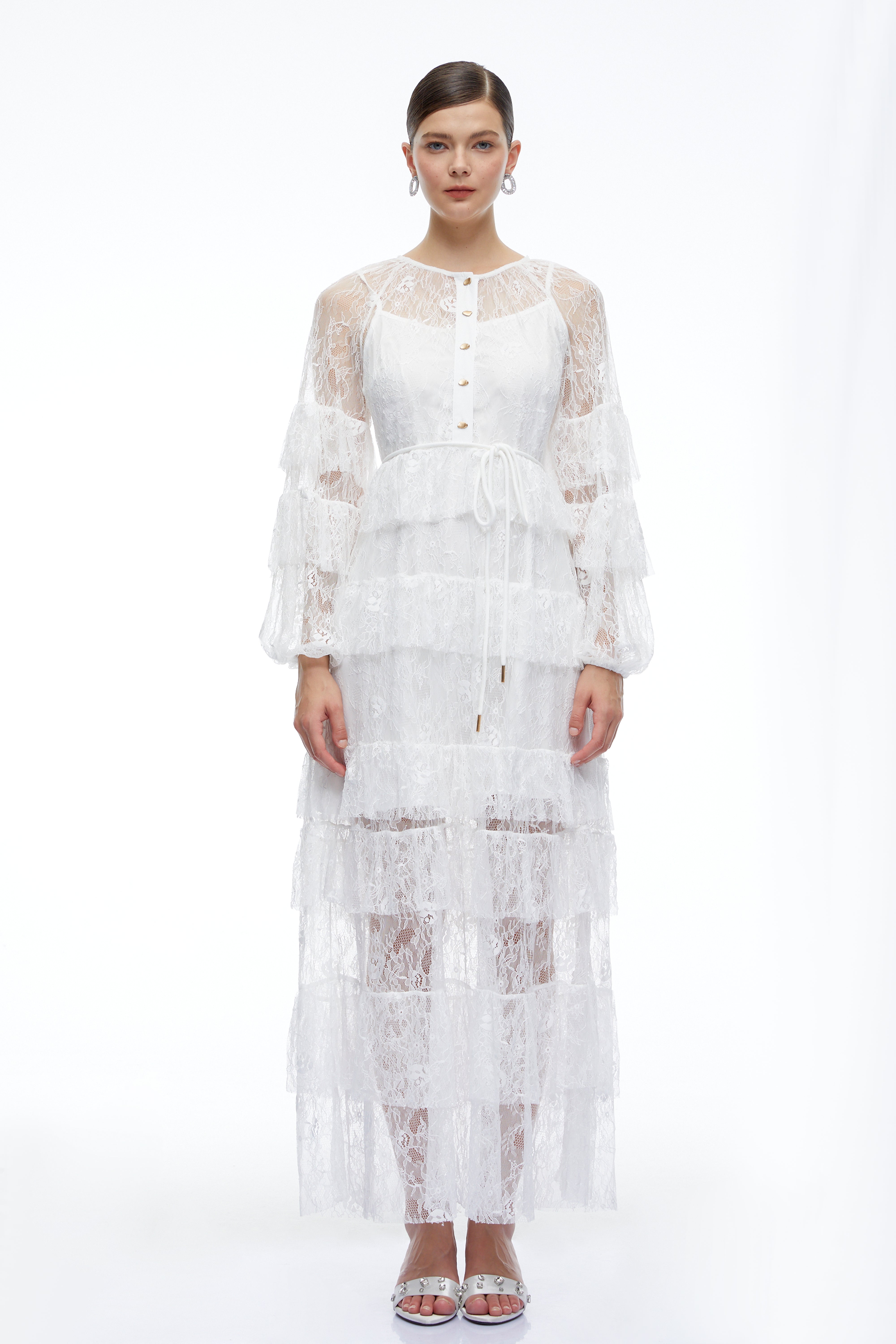 Galatea White Tiered Lace Long Sleeves Maxi Dress