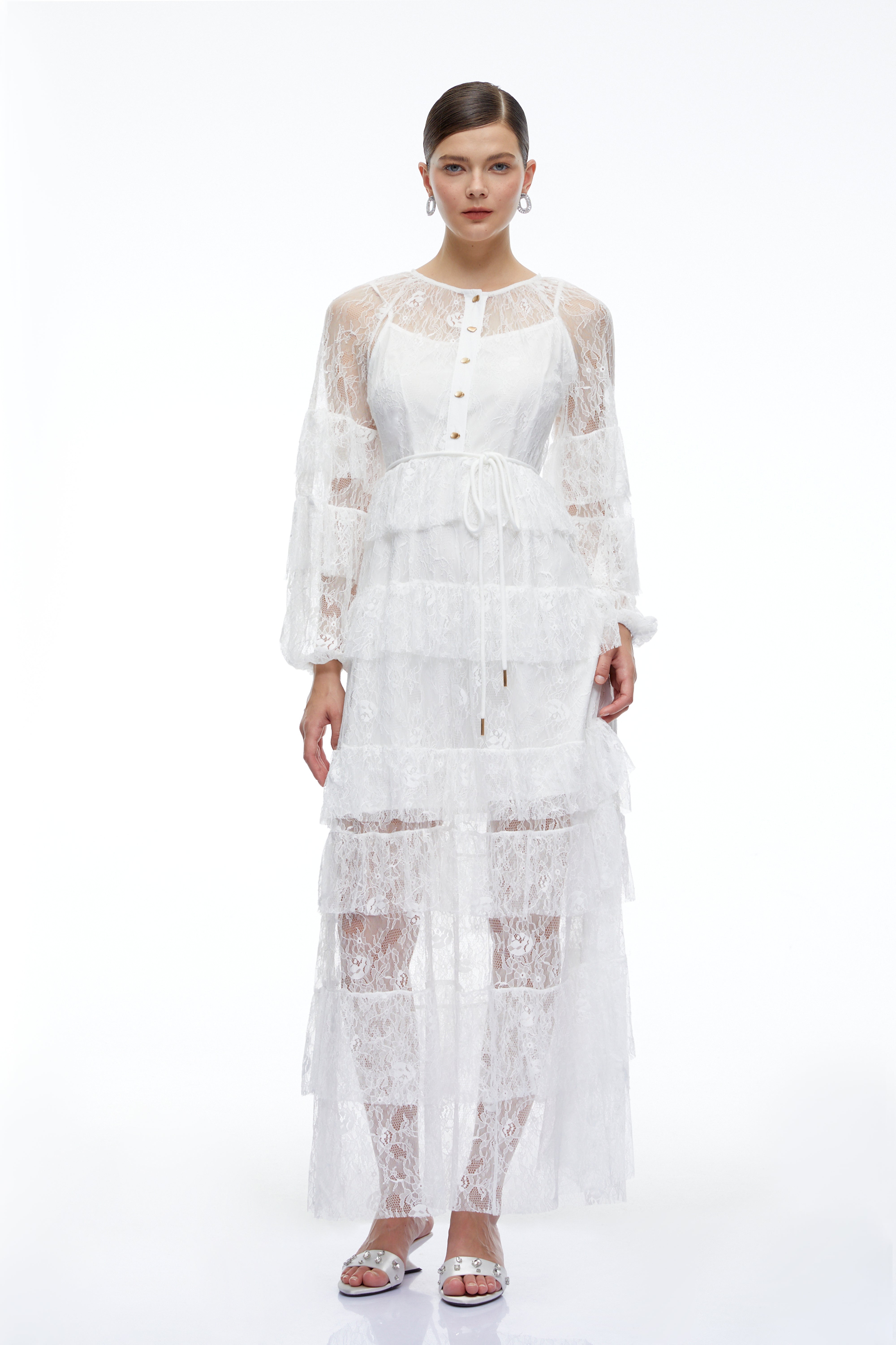 Galatea White Tiered Lace Long Sleeves Maxi Dress