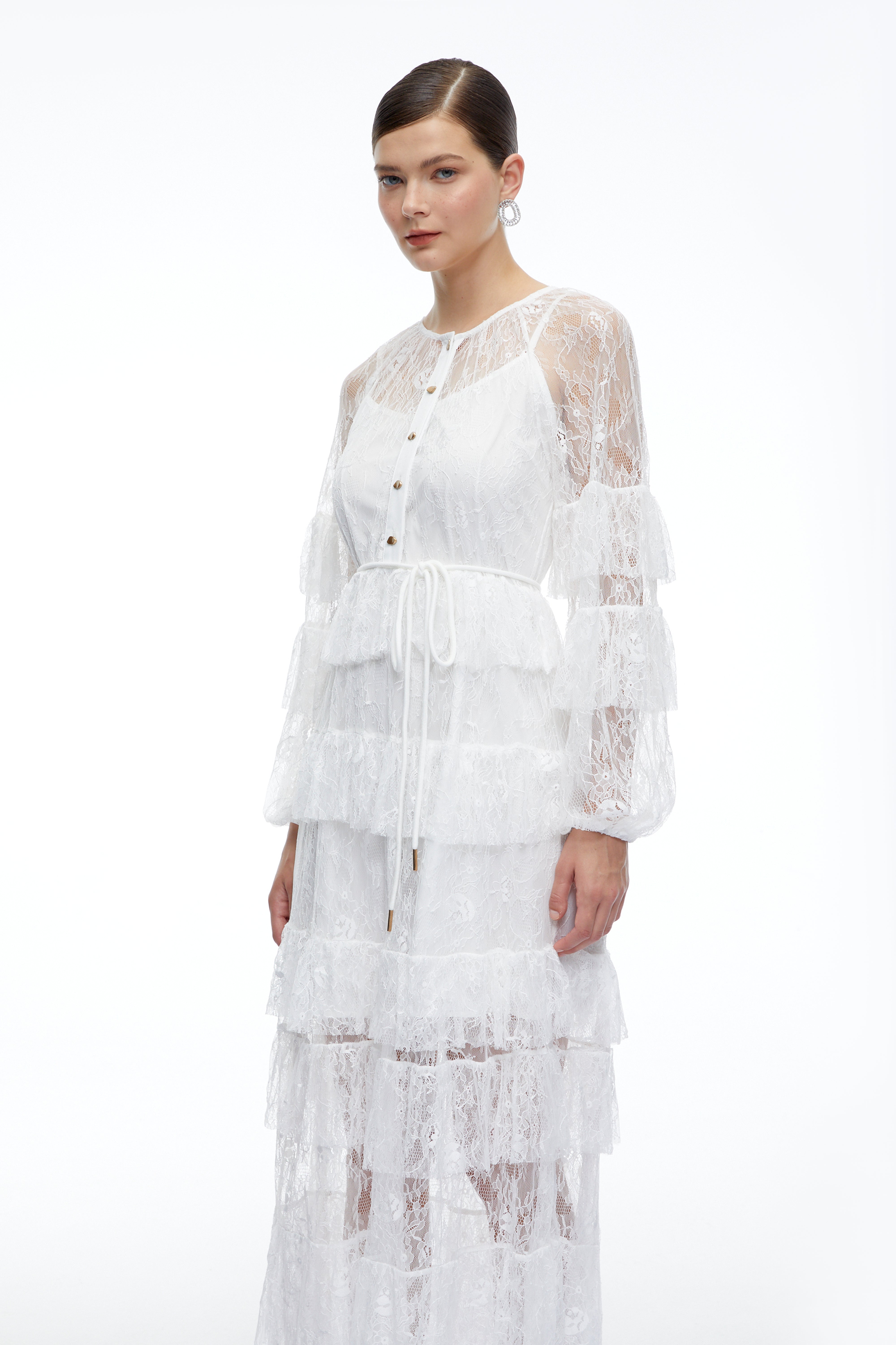 Galatea White Tiered Lace Long Sleeves Maxi Dress