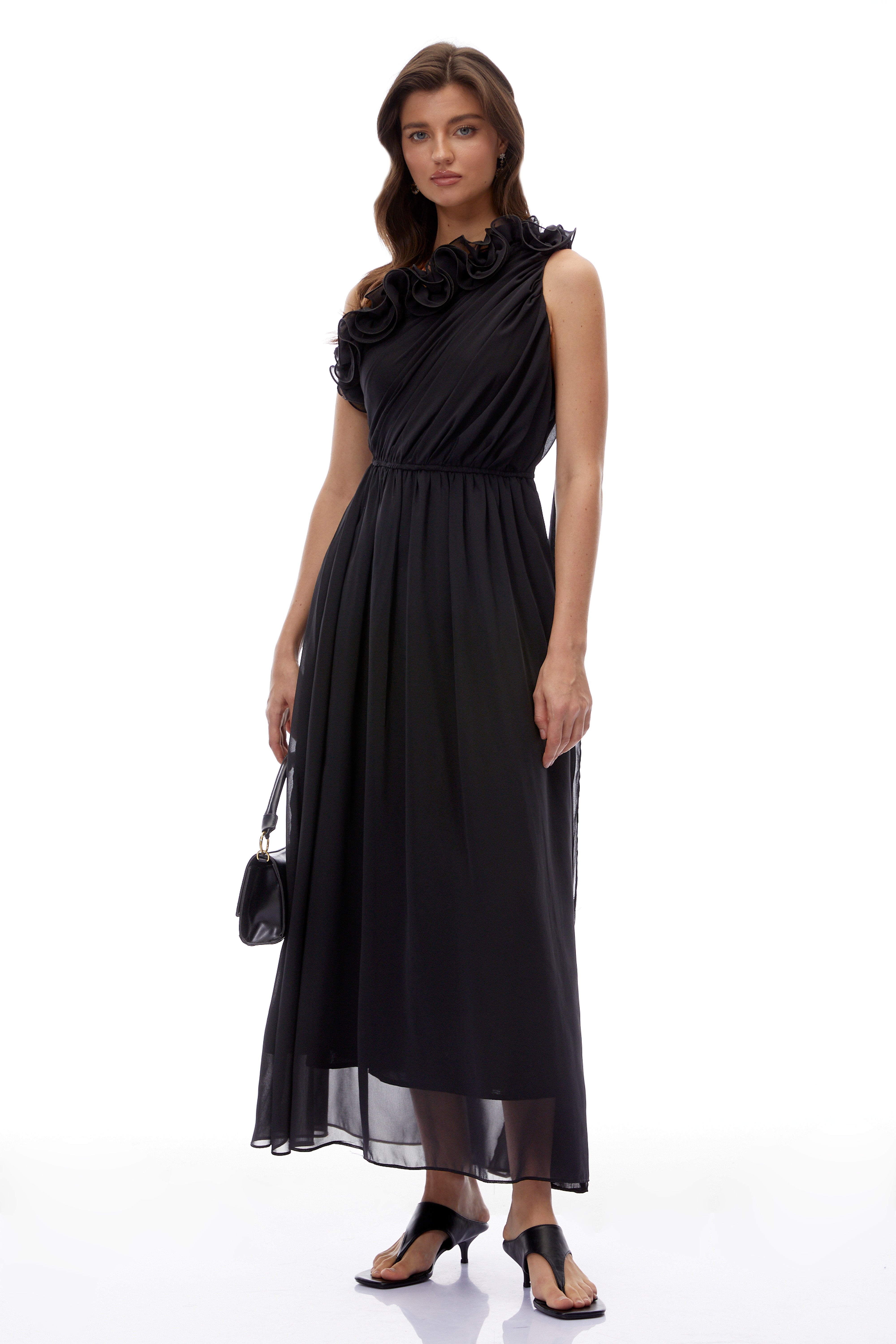 Garance Black One Shoulder Ruched Maxi Dress