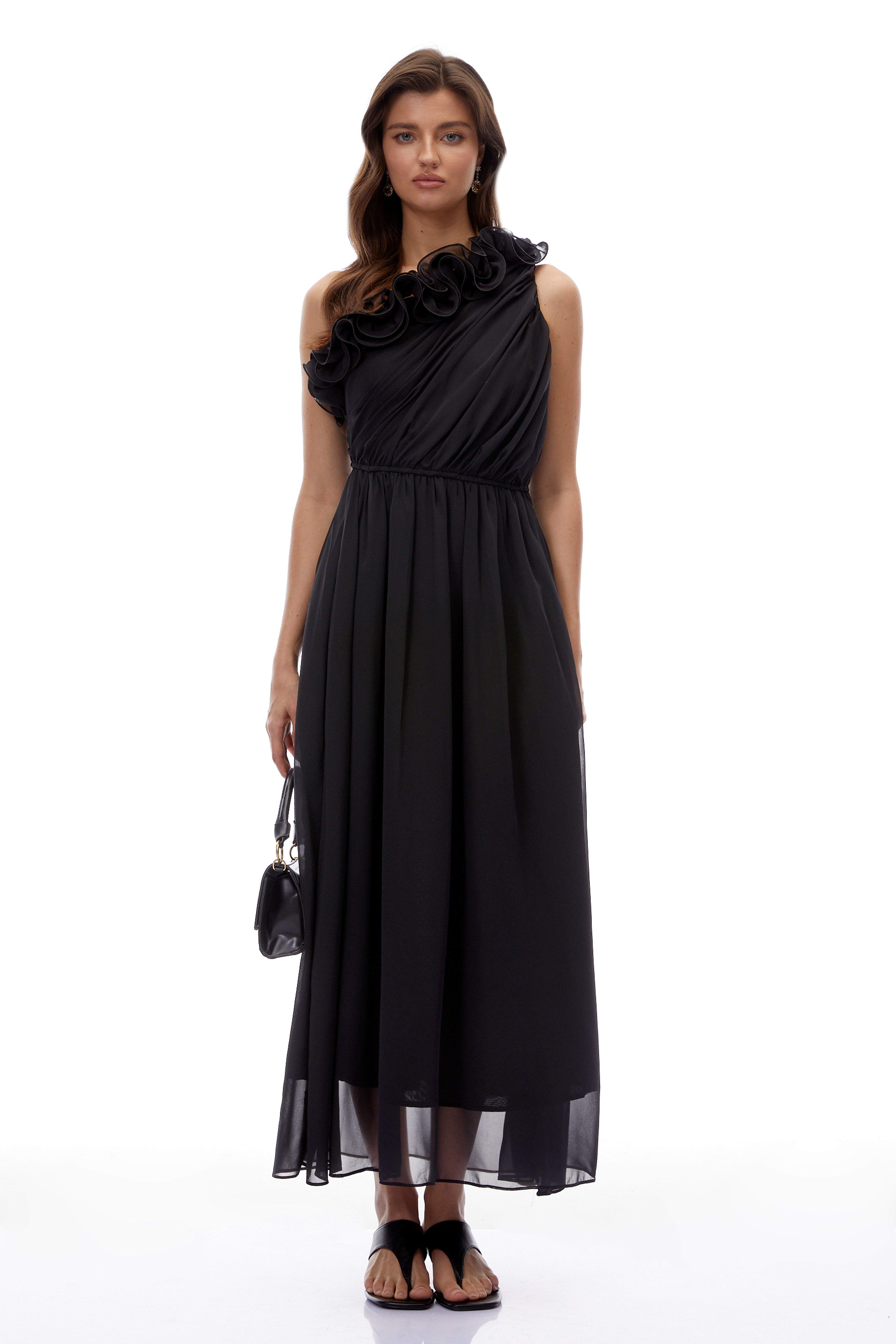 Garance Black One Shoulder Ruched Maxi Dress
