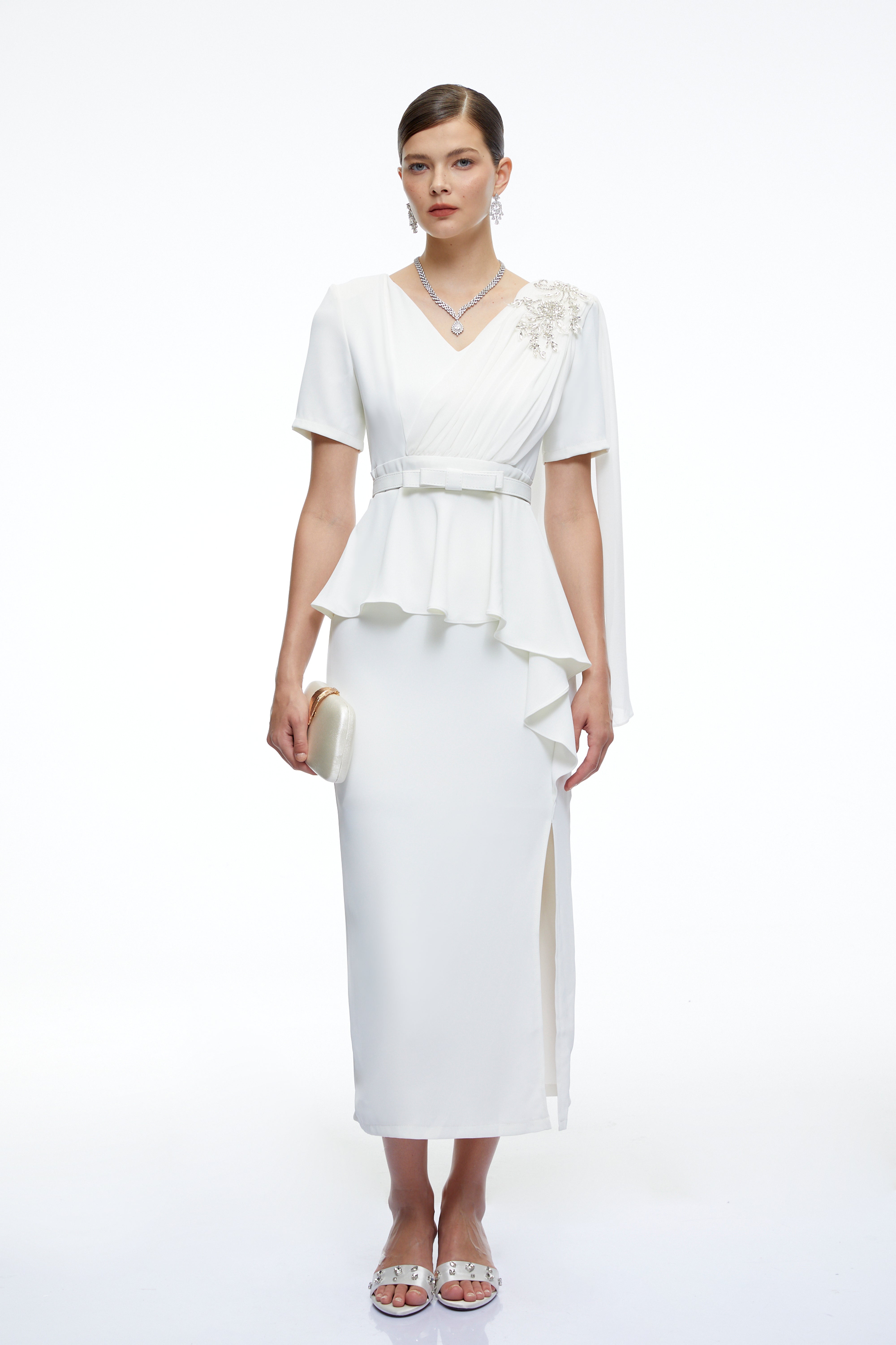 Garance White Belted Midi Dress with Cape Sleeves