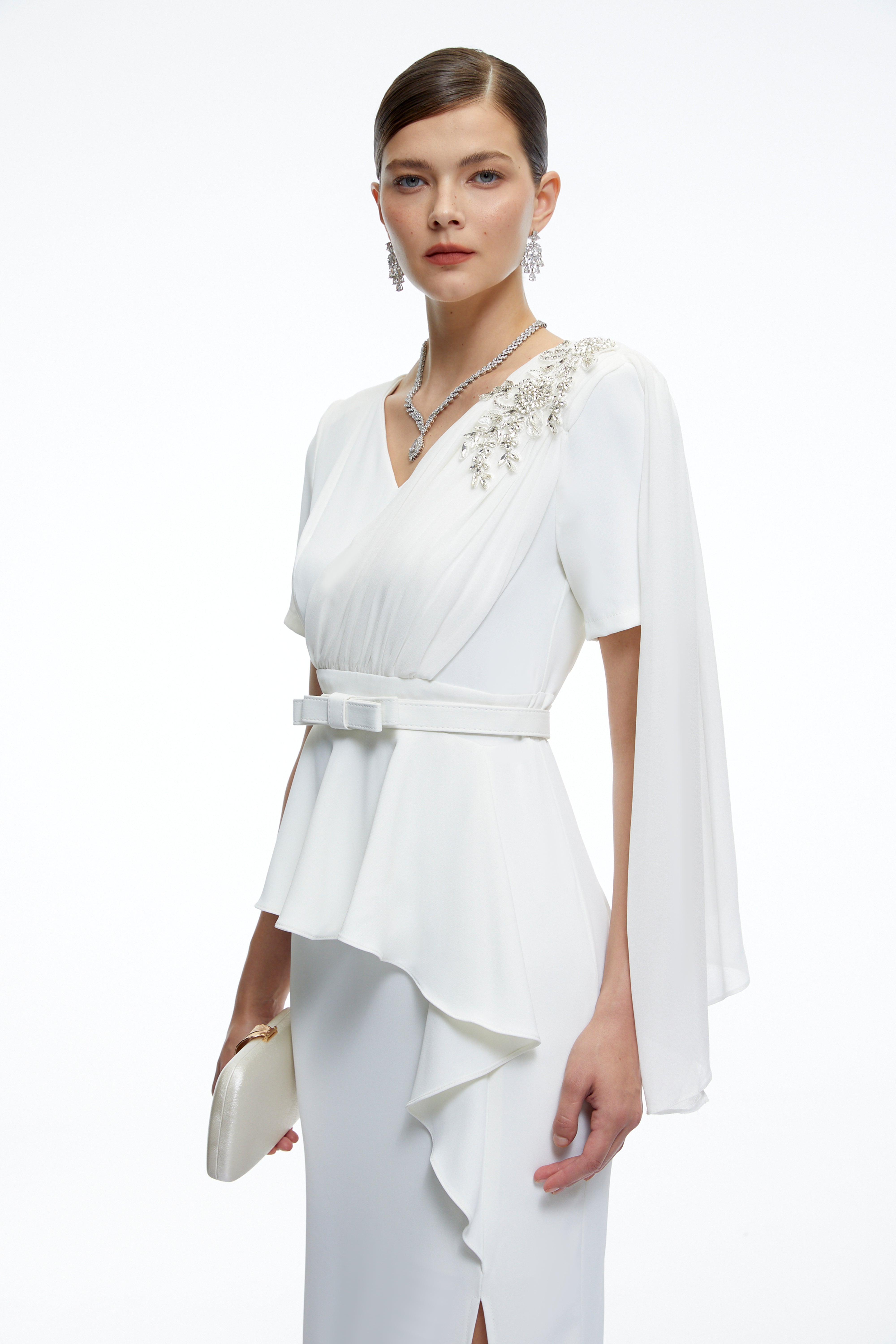 Garance White Belted Midi Dress with Cape Sleeves