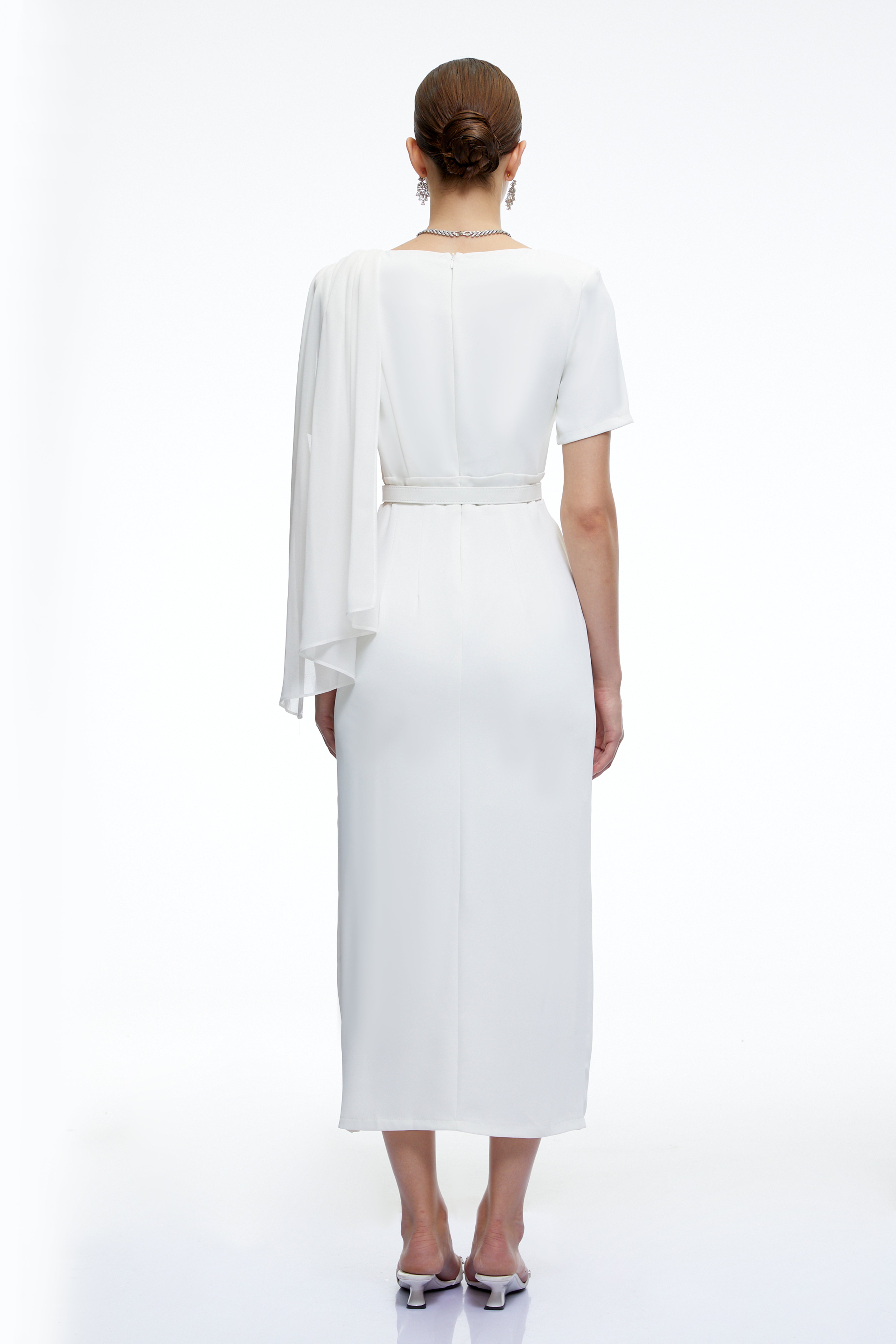 Garance White Belted Midi Dress with Cape Sleeves