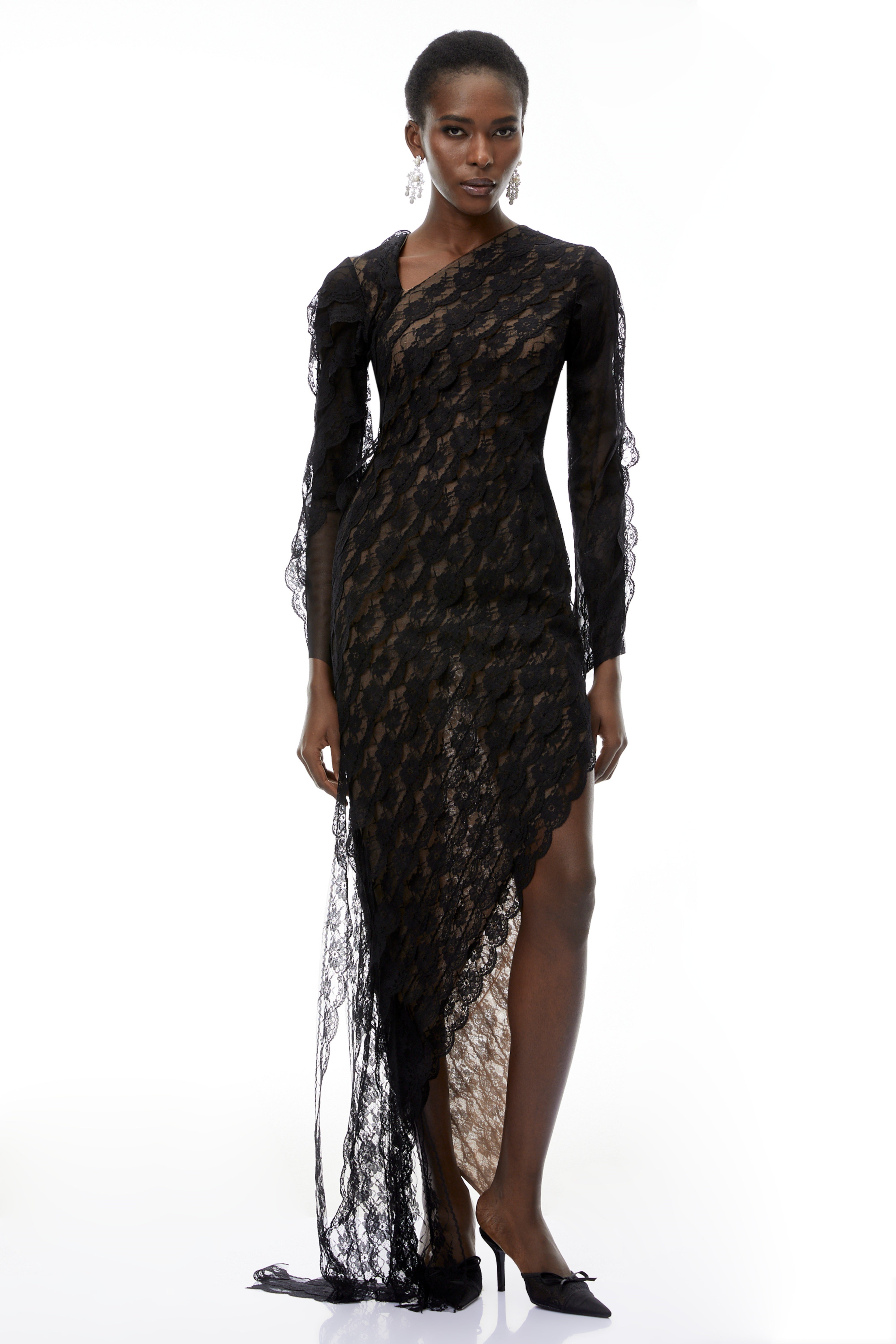 Gemma Black Floral Lace Asymmetrical Maxi Dress (Final Sale)