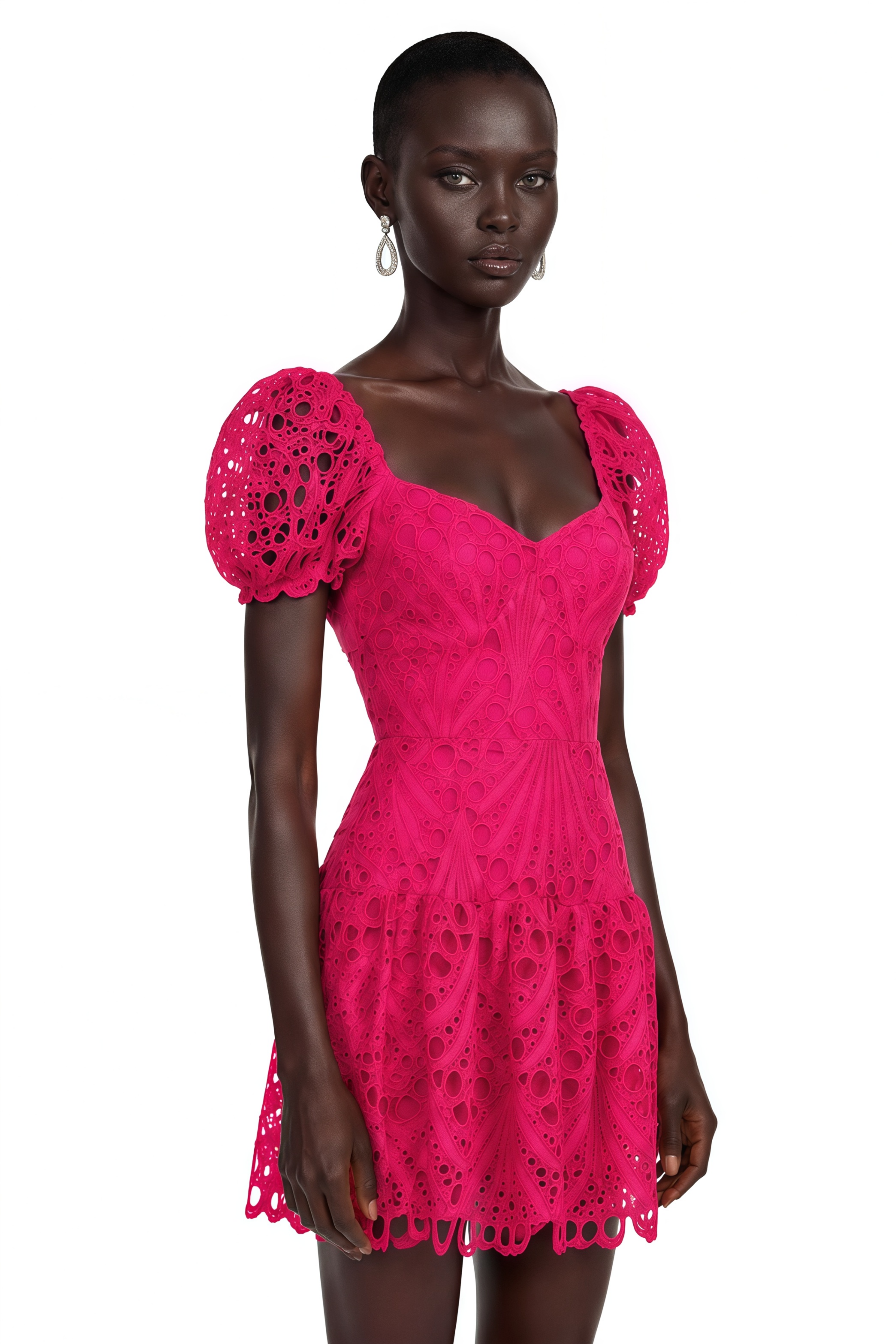 Gemma Pink Eyelet Lace Puff Sleeves Mini Dress