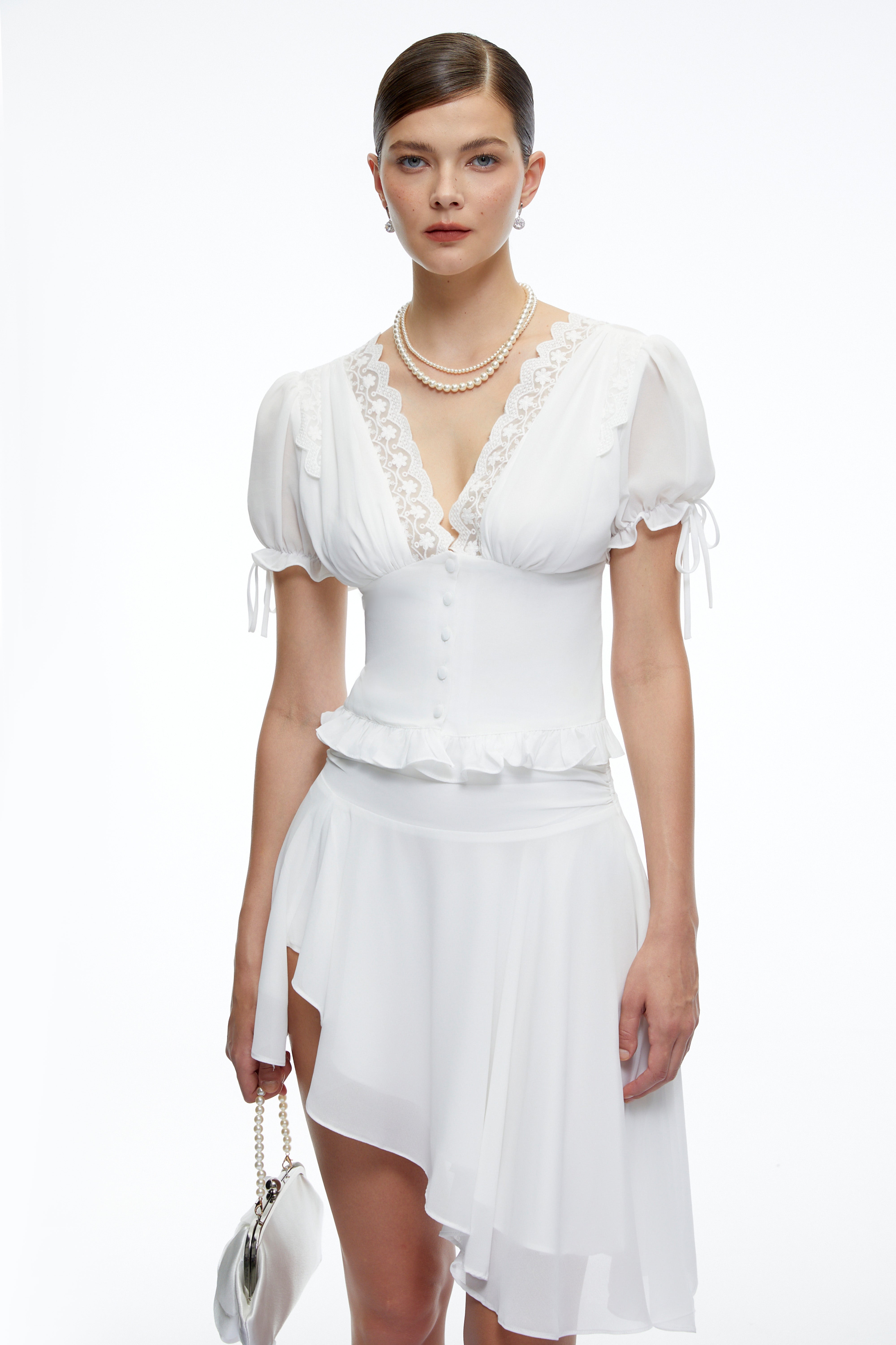 Gemma White V-Neck Top & Skirt Set with Lace
