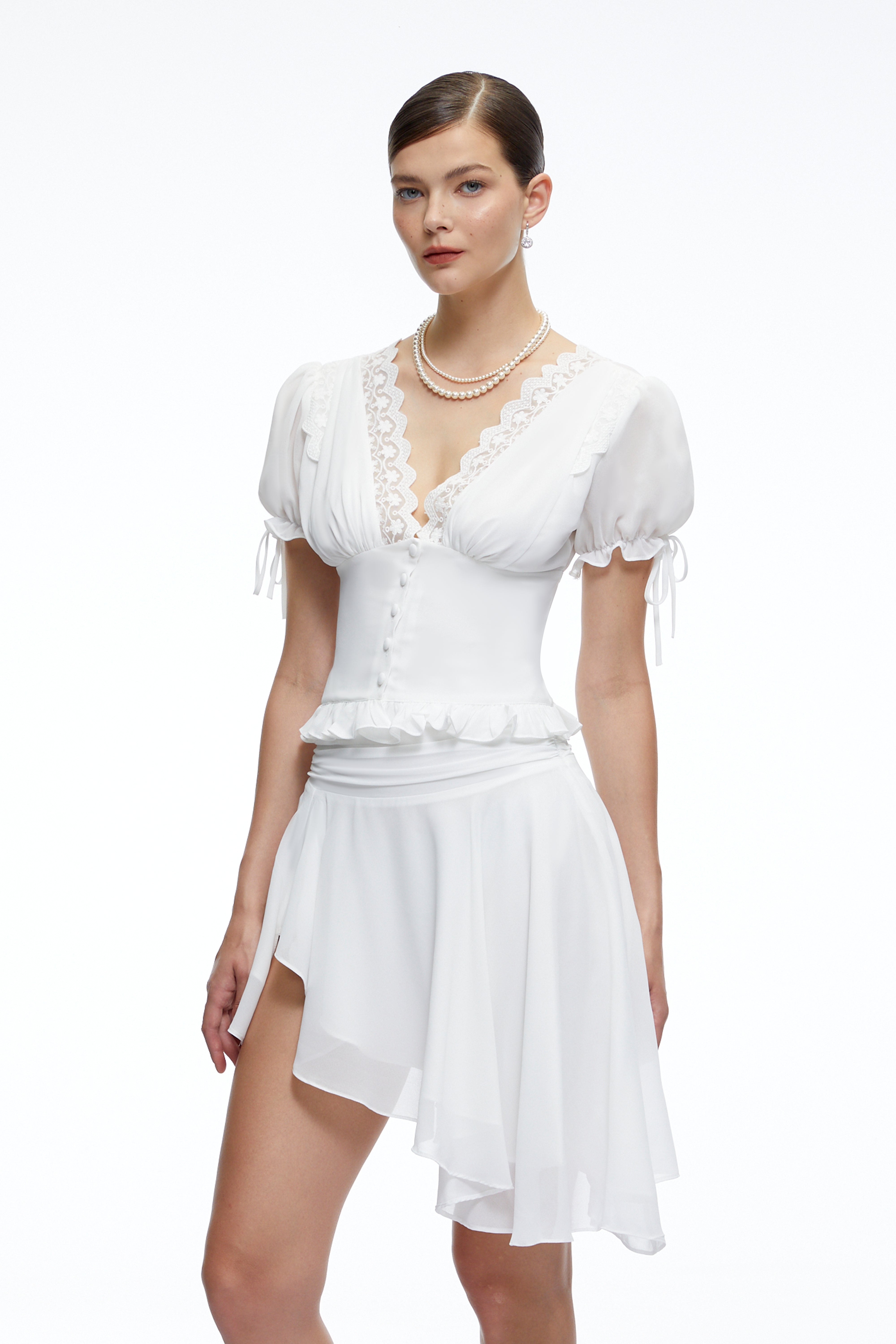 Gemma White V-Neck Top & Skirt Set with Lace