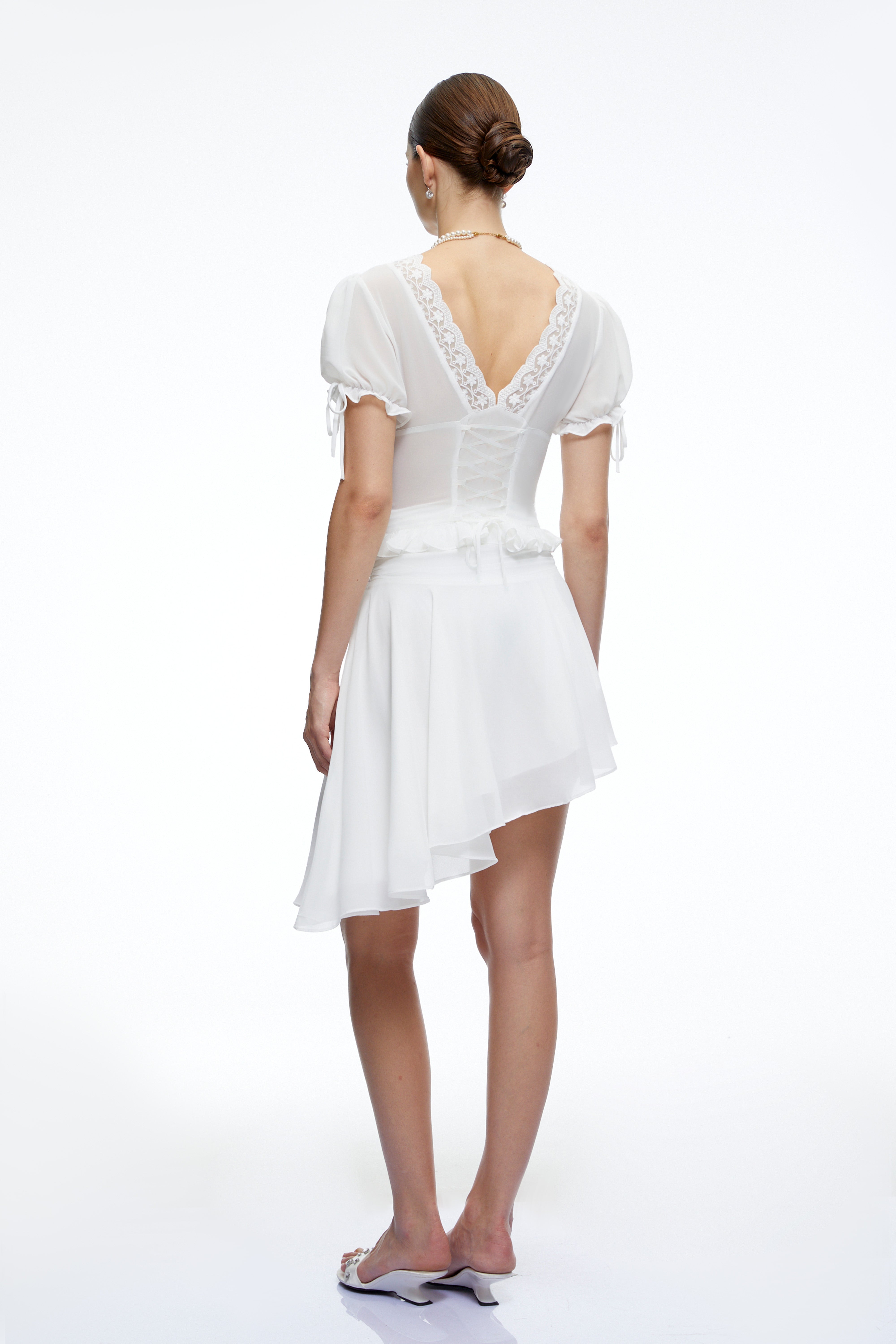 Gemma White V-Neck Top & Skirt Set with Lace
