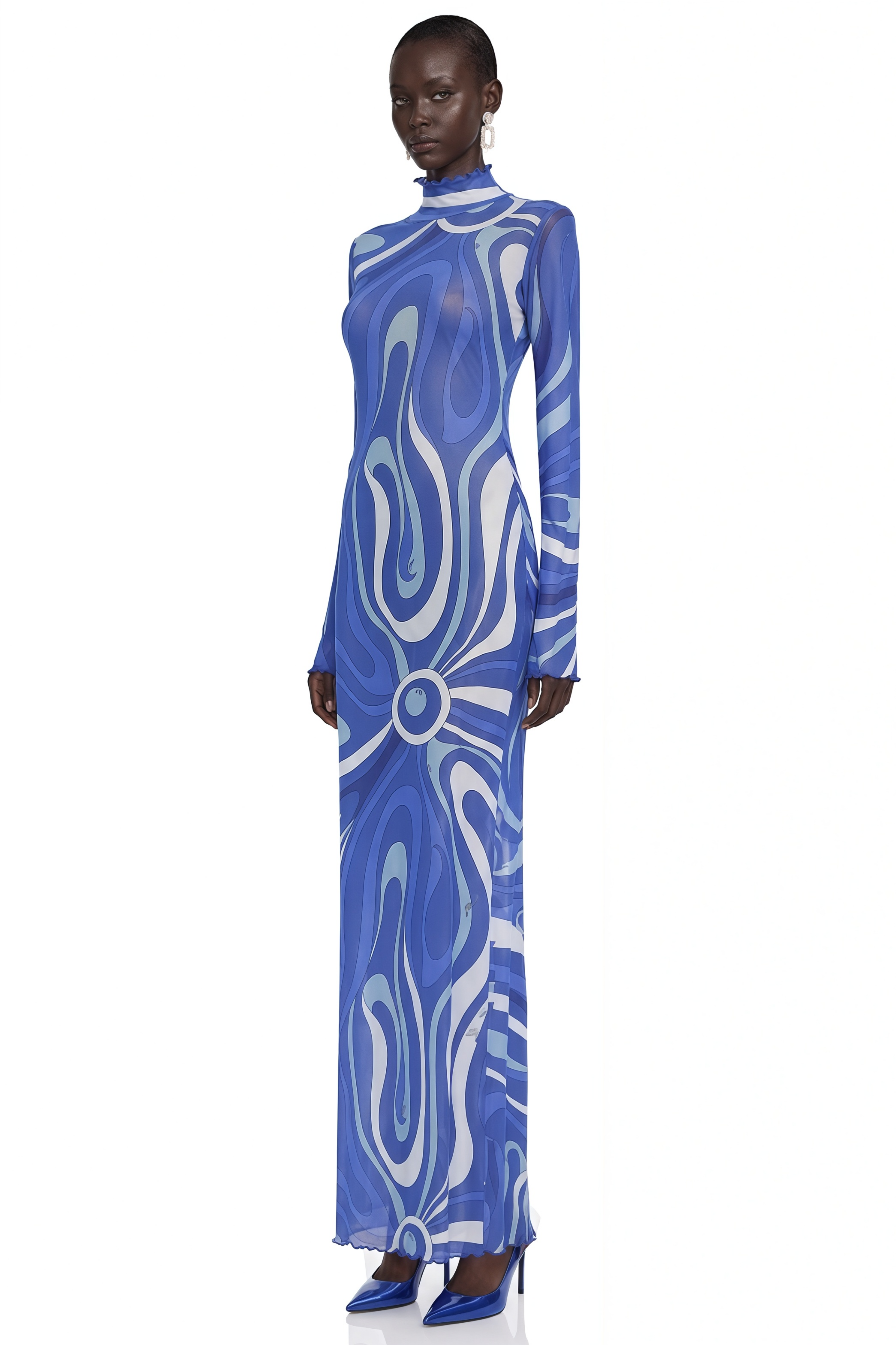 Genesis Royal Blue Printed High Neck Maxi Dress