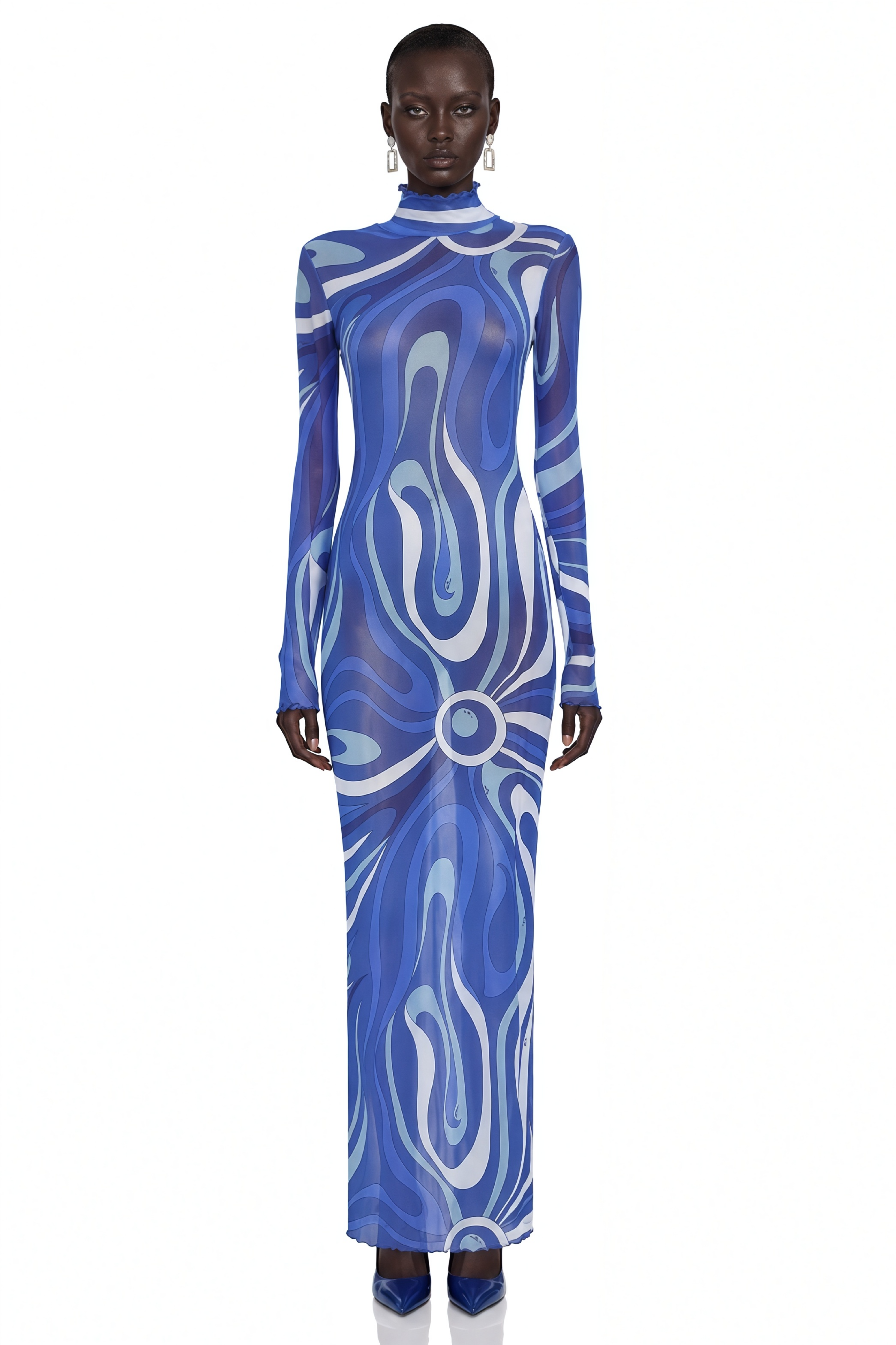 Genesis Royal Blue Printed High Neck Maxi Dress