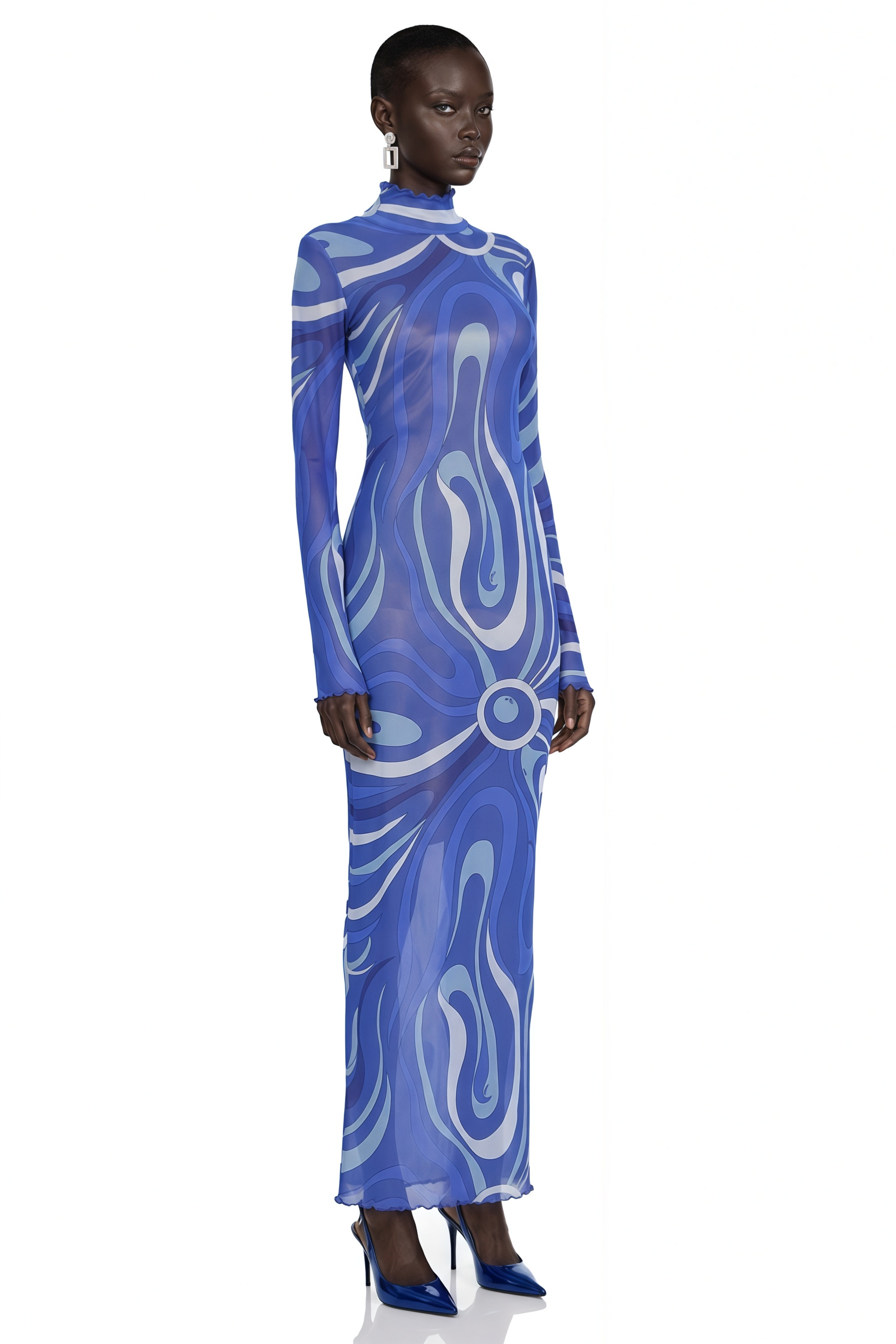 Genesis Royal Blue Printed High Neck Maxi Dress