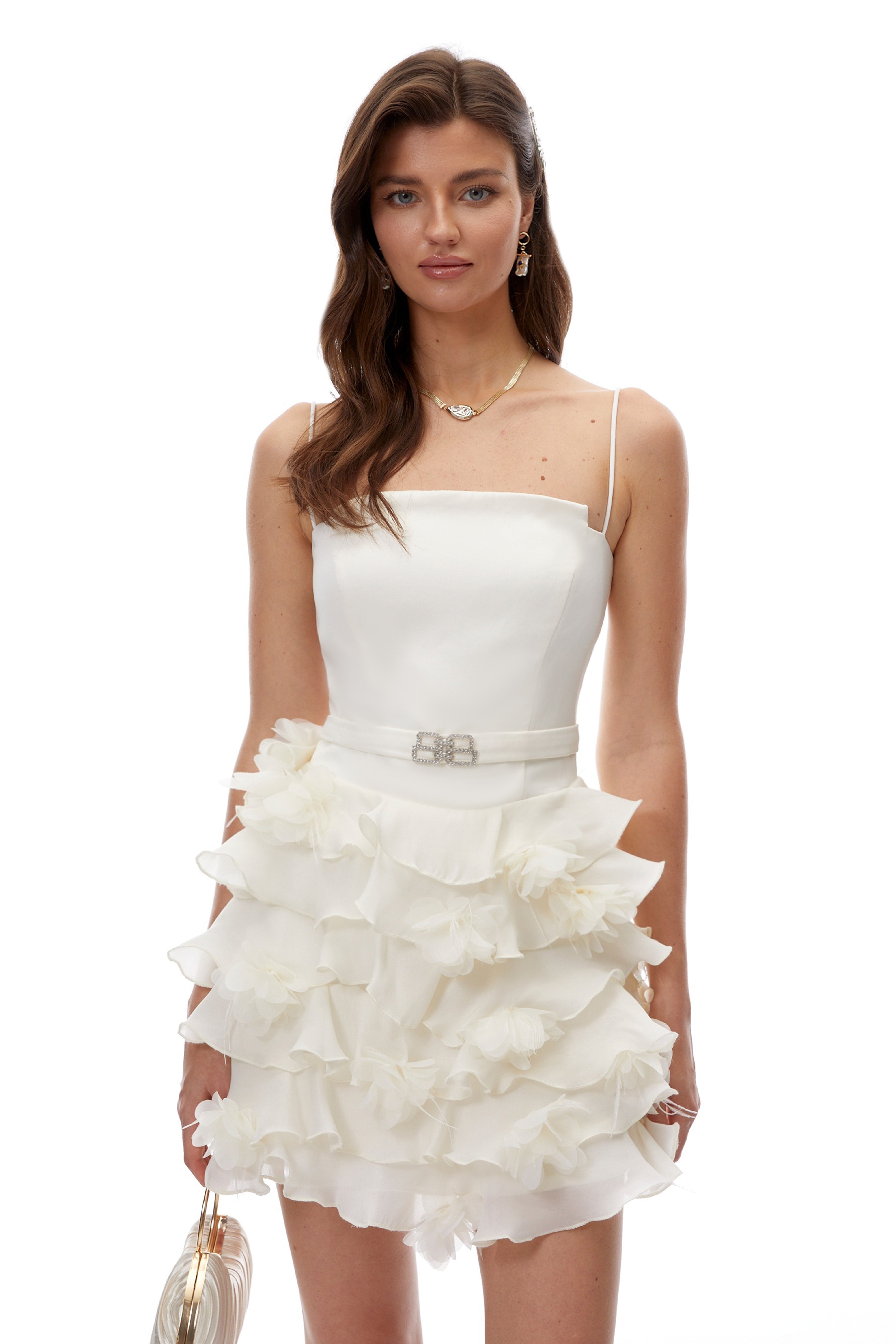 Geneva Neutral Strapless Ruffled Mini Dress