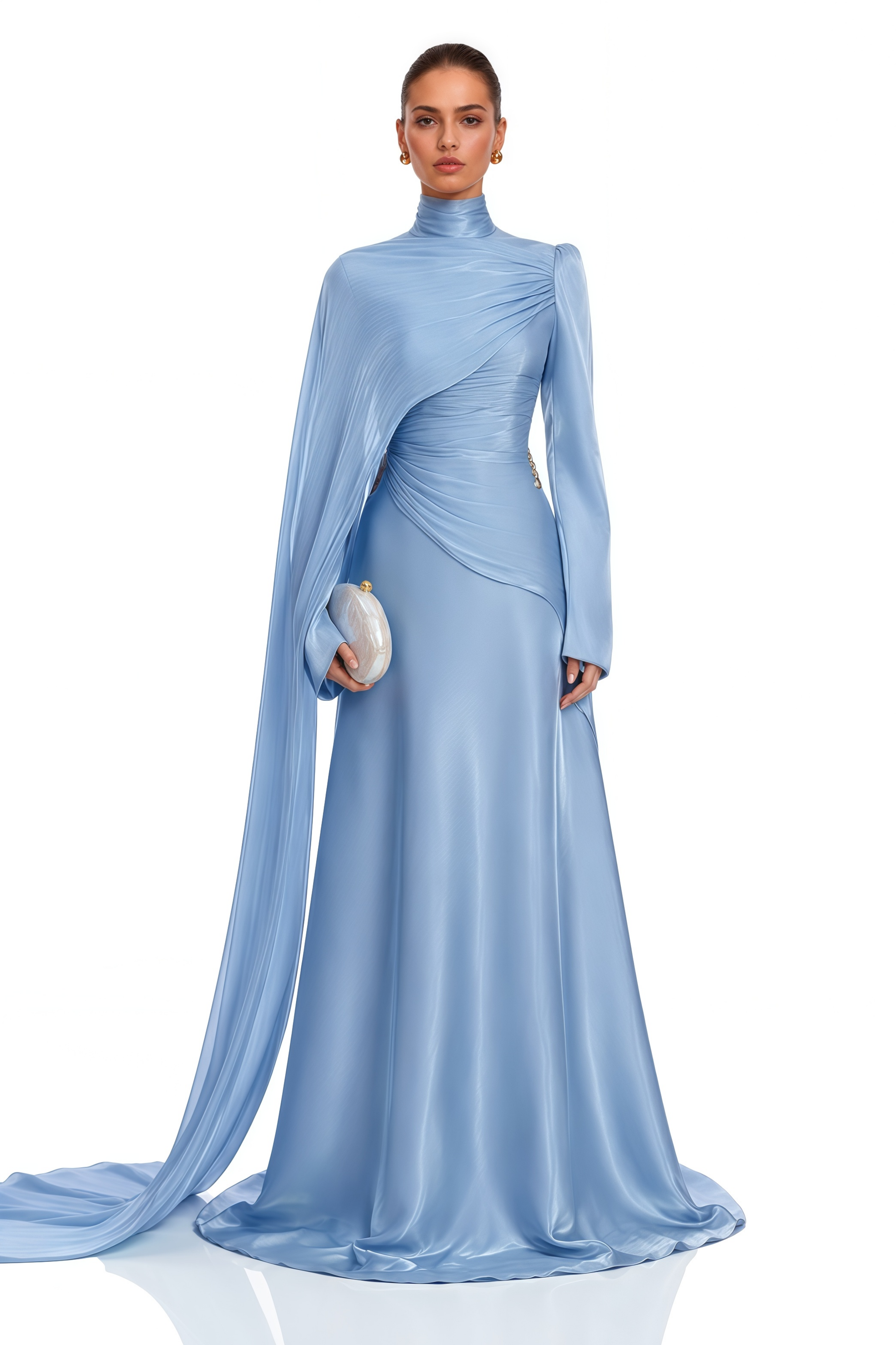 Robe longue froncée Genevieve Blue avec cape