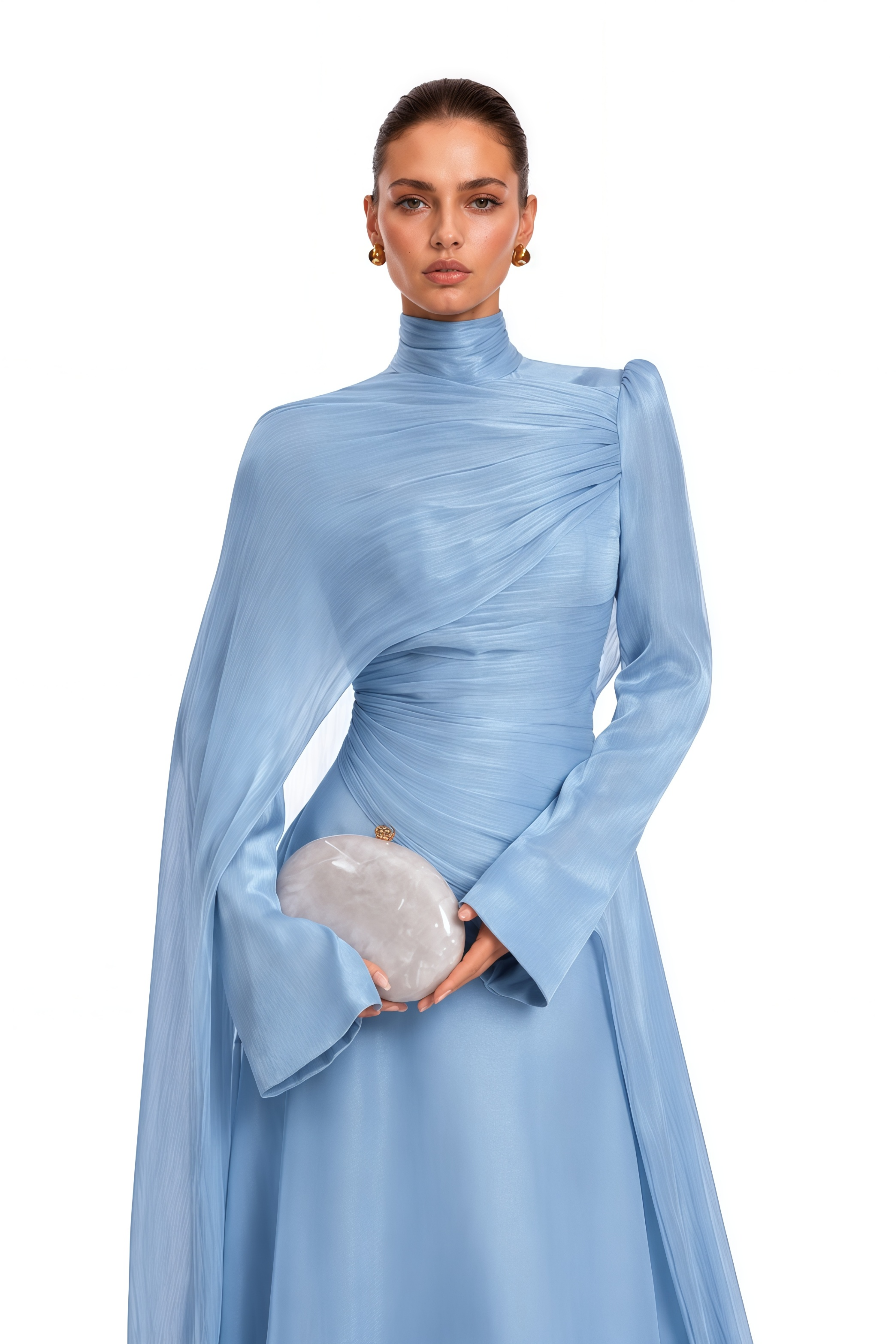 Robe longue froncée Genevieve Blue avec cape