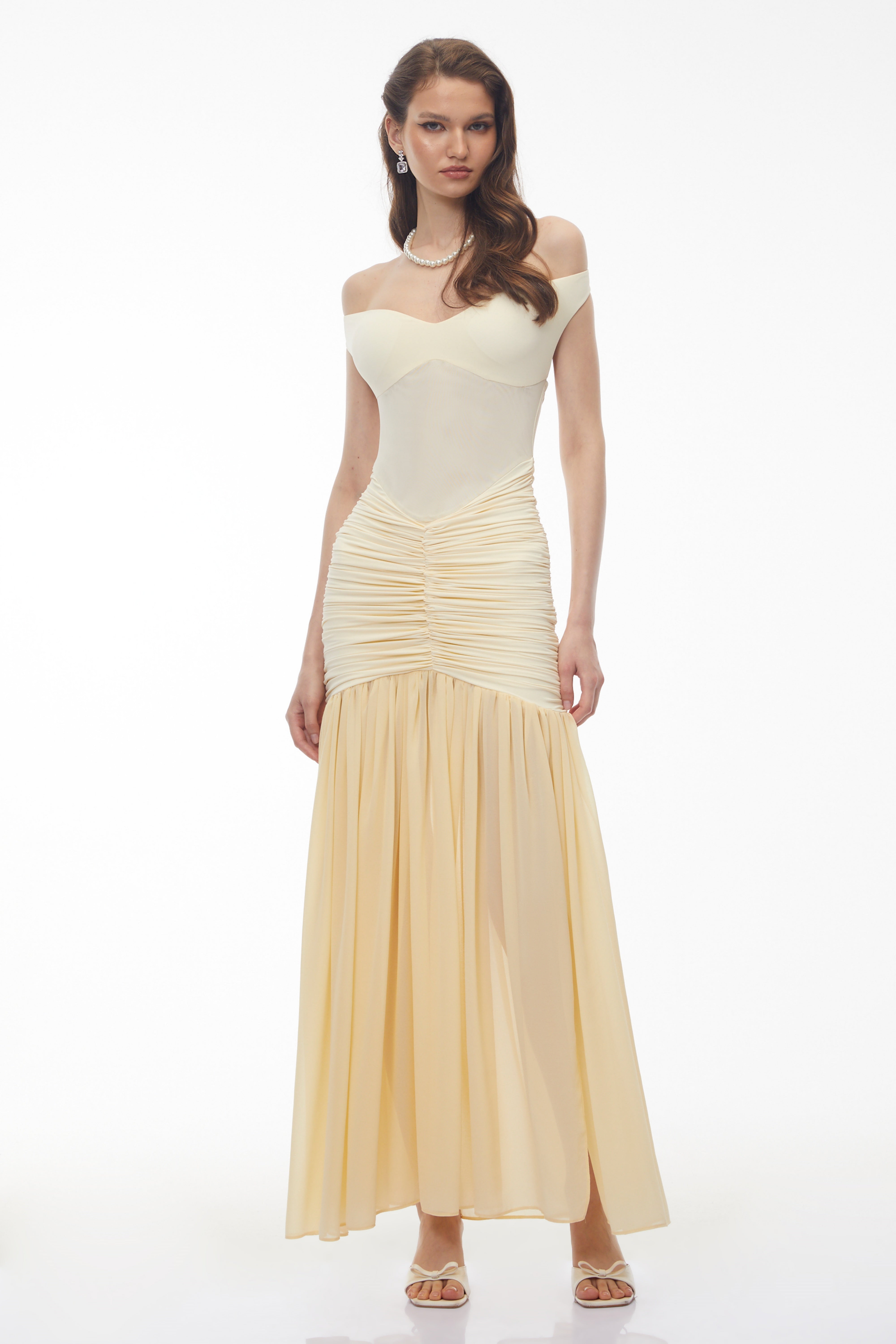 Yellow Off Shoulder Ruched Maxi Dress